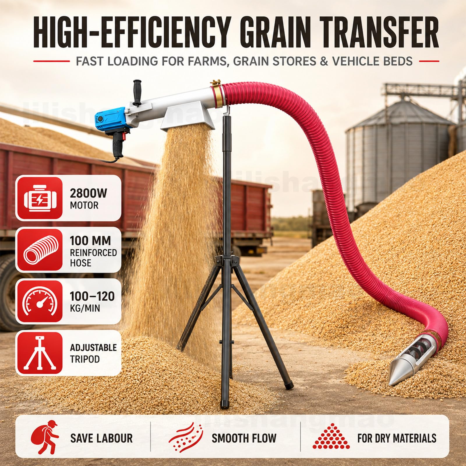 Pompa Aspirazione Cereali Portatile con Motore 2800W 5m | Coclea Flessibile Per Cereali, Mangimi, Fertilizzante, Pellet Plastici, Sabbia Asciutta E Polveri Compatibili