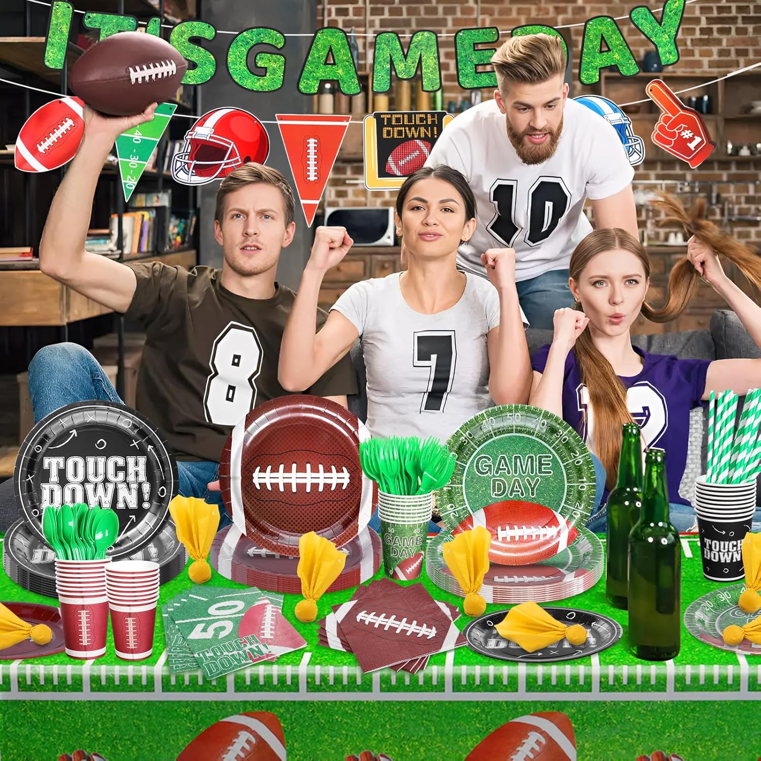 164PCS Football Party Supplies Birthday Decorations Football Banners Paper Plate Cup Napkins Fork Spoon Tablecloths for Football Match 24 Guests - Image 5