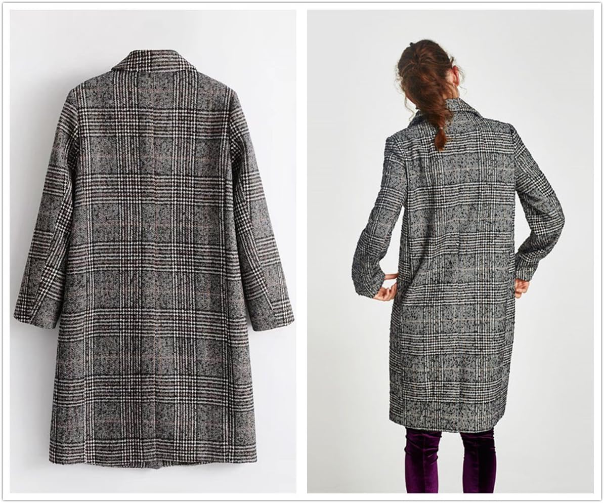 Face Dream Women Classic Lattice Winter Overcoat Lapel Double Breasted Woolen Long Coat