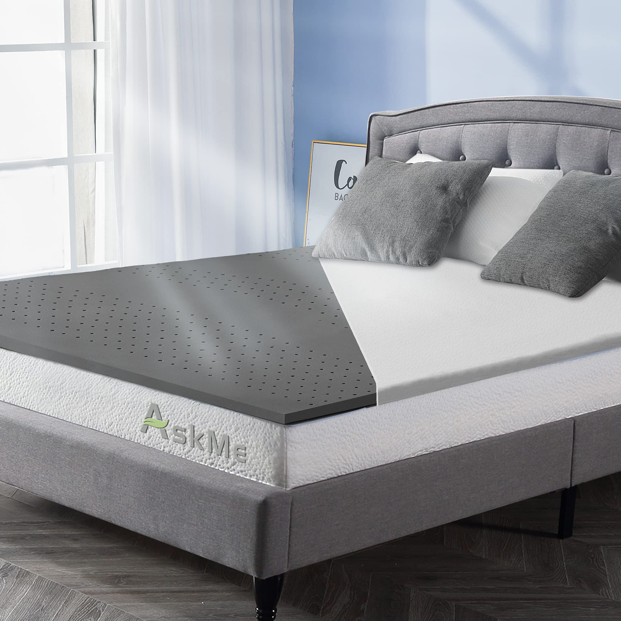 ASKME Medium Firm Bamboo Charcoal Fiber Foam Mattress Topper Twin 1.5 Inch, Zoned Ventilated Air Flow with Bonus Breathable and Washable Cover, CertiPUR-US
