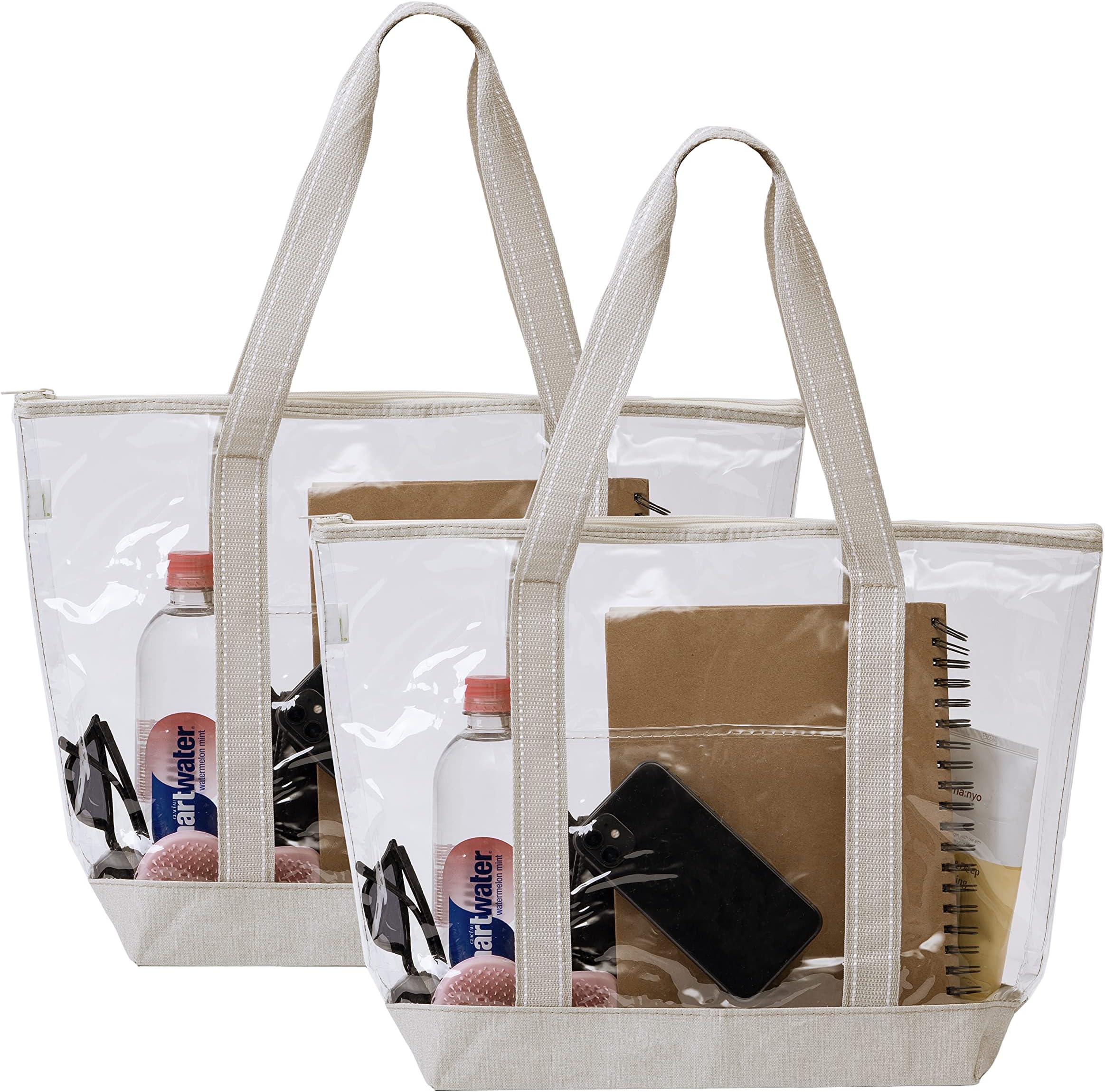 VENO 2 Pack Clear Tote Bag for Travel and Sports,Heavy Duty Handbag for Women,Lunch,Stadium Approved See Through Storage Bags(2 Pack, Beige)