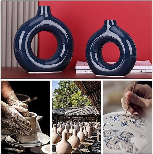 Miniatura 3 de LCCCK Jarrones de cerámica para decoración del hogar, jarrón azul marino para hierba de pampas, jarrón de dona, centro de mesa de comedor moderno