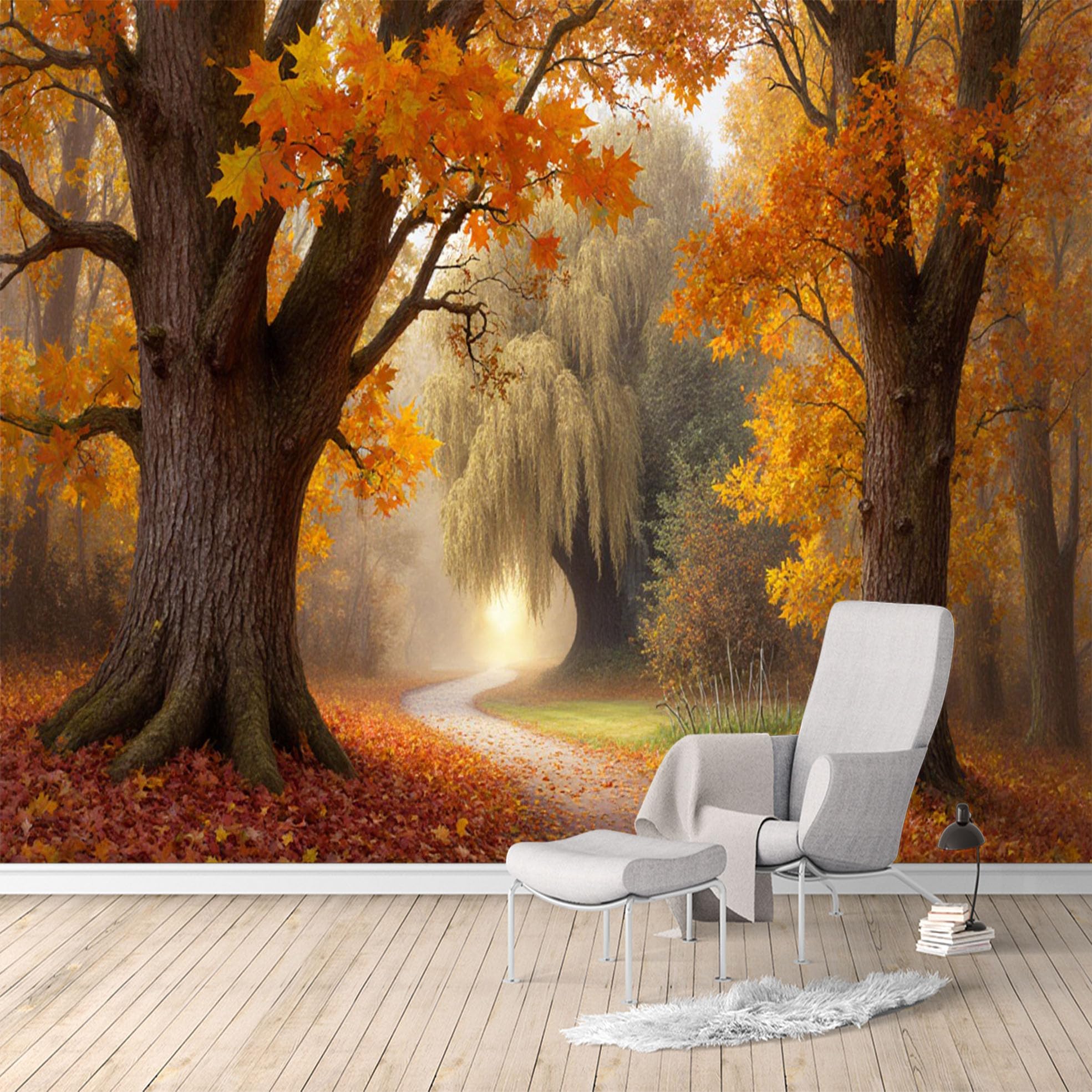 Custom Size Wall Murals, Autumn Forest Path Maple Leaves & Weeping Willow Scenery, SelfAdhesive Water Activated Removable Wall Covering, Large Photo Wallpaper for Living Room Bedroom Office