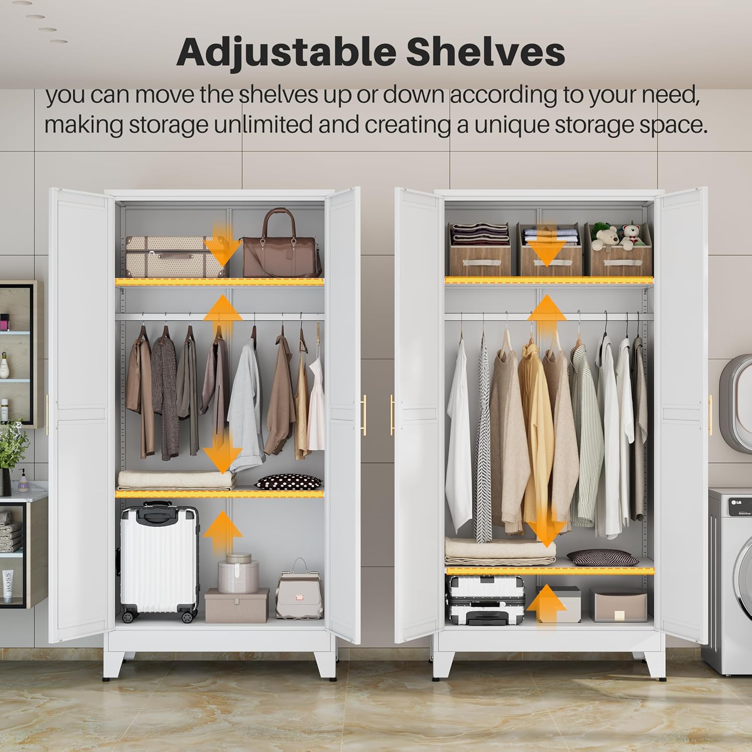 Metal Armoire Wardrobe Closet with 2 Mirror Doors, 71" Wardrobe Cabinet with Adjustable Shelves and Hanging Rod, Clothing Storage Cabinet Closet with Mirror for Bedroom-White