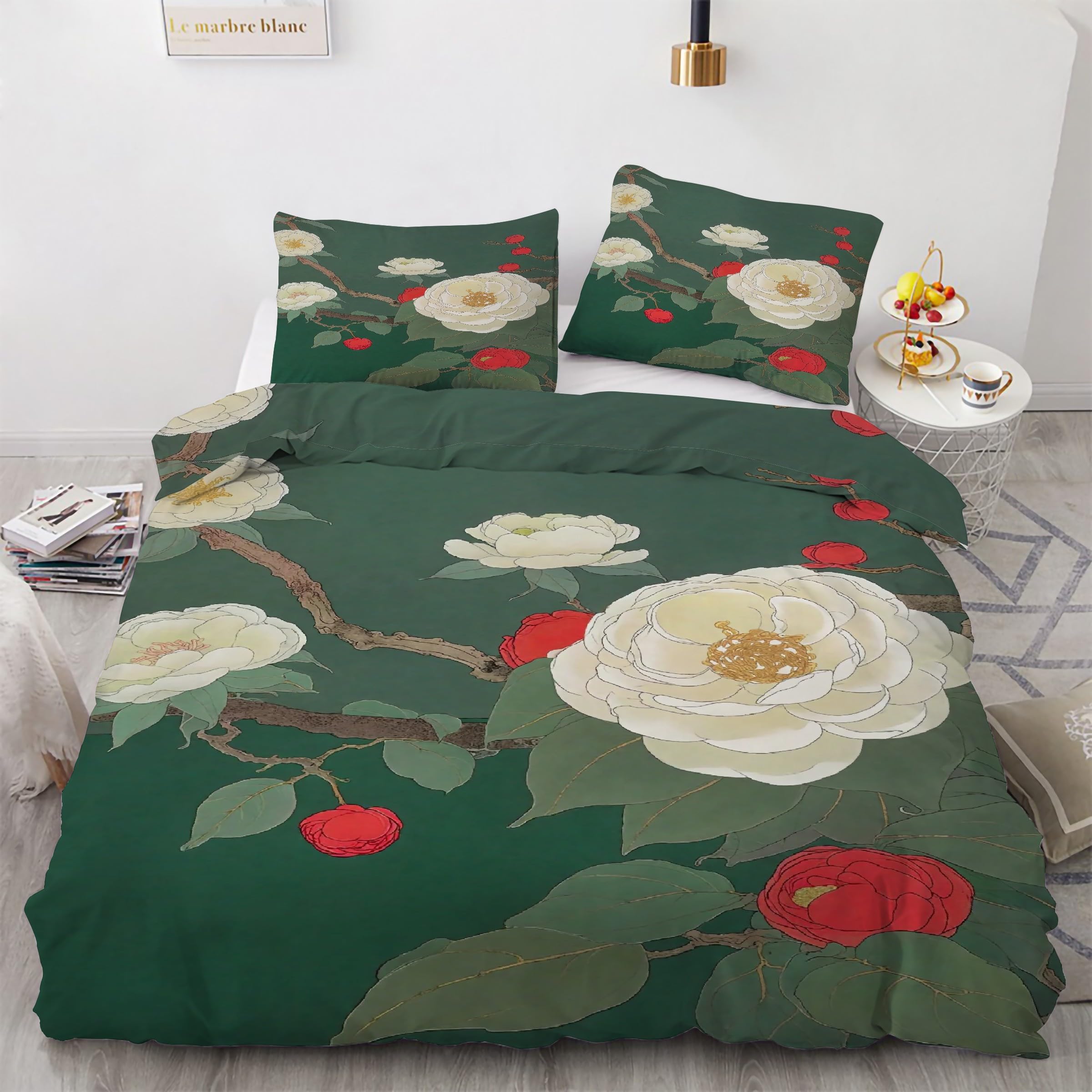 Housse de Couette 200x200 Fleur De Pivoine - Parure de Lit 3 Pièces Microfibre KG3736