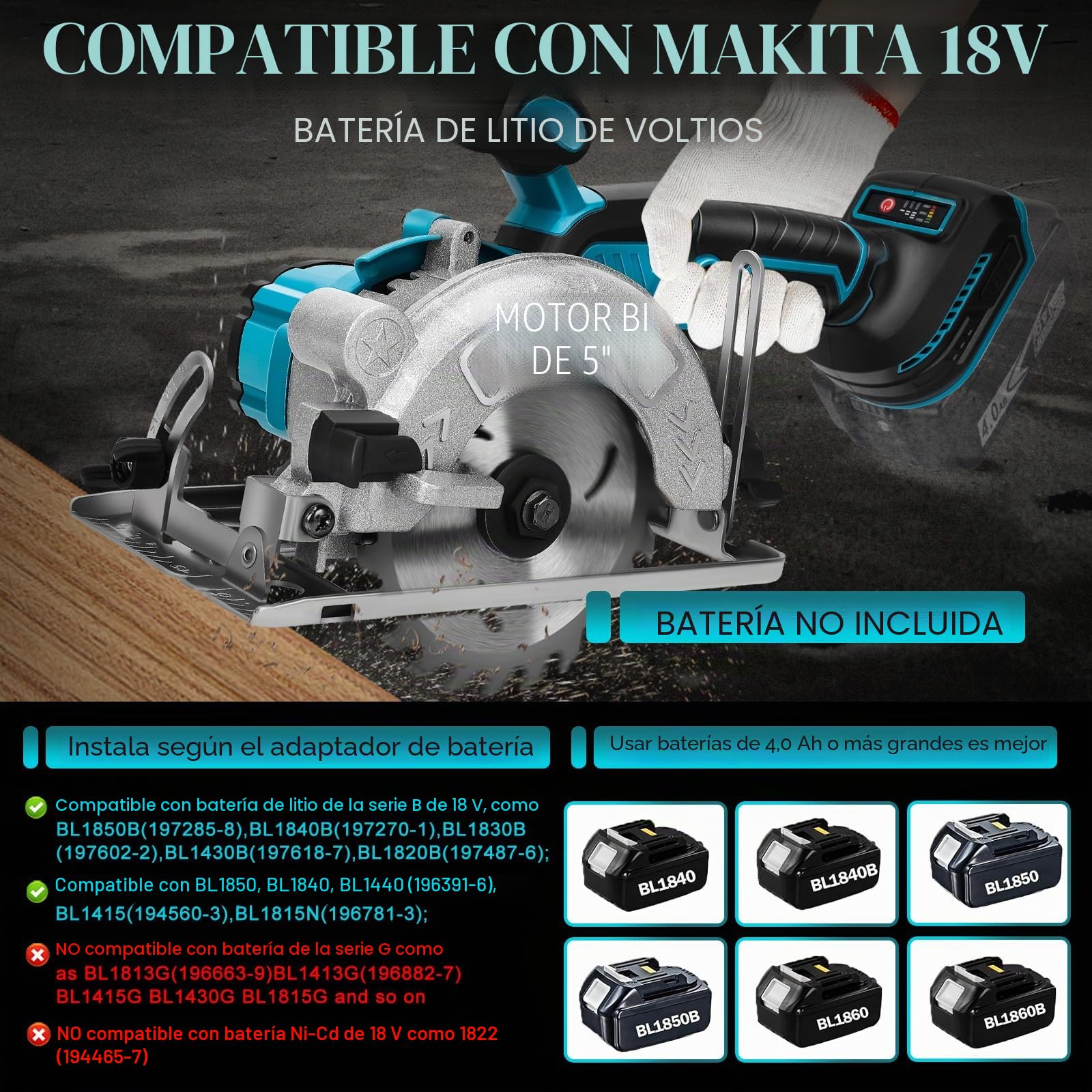 Sierra circular inalámbrica para Makita 18 V batería, mini sierra circular manual Sin cepillo (sin batería), 125mm 2 Hojas, Profundidad de Corte 41mm(90°), 32.5mm(45°), para Madera, Azulejo, Metal