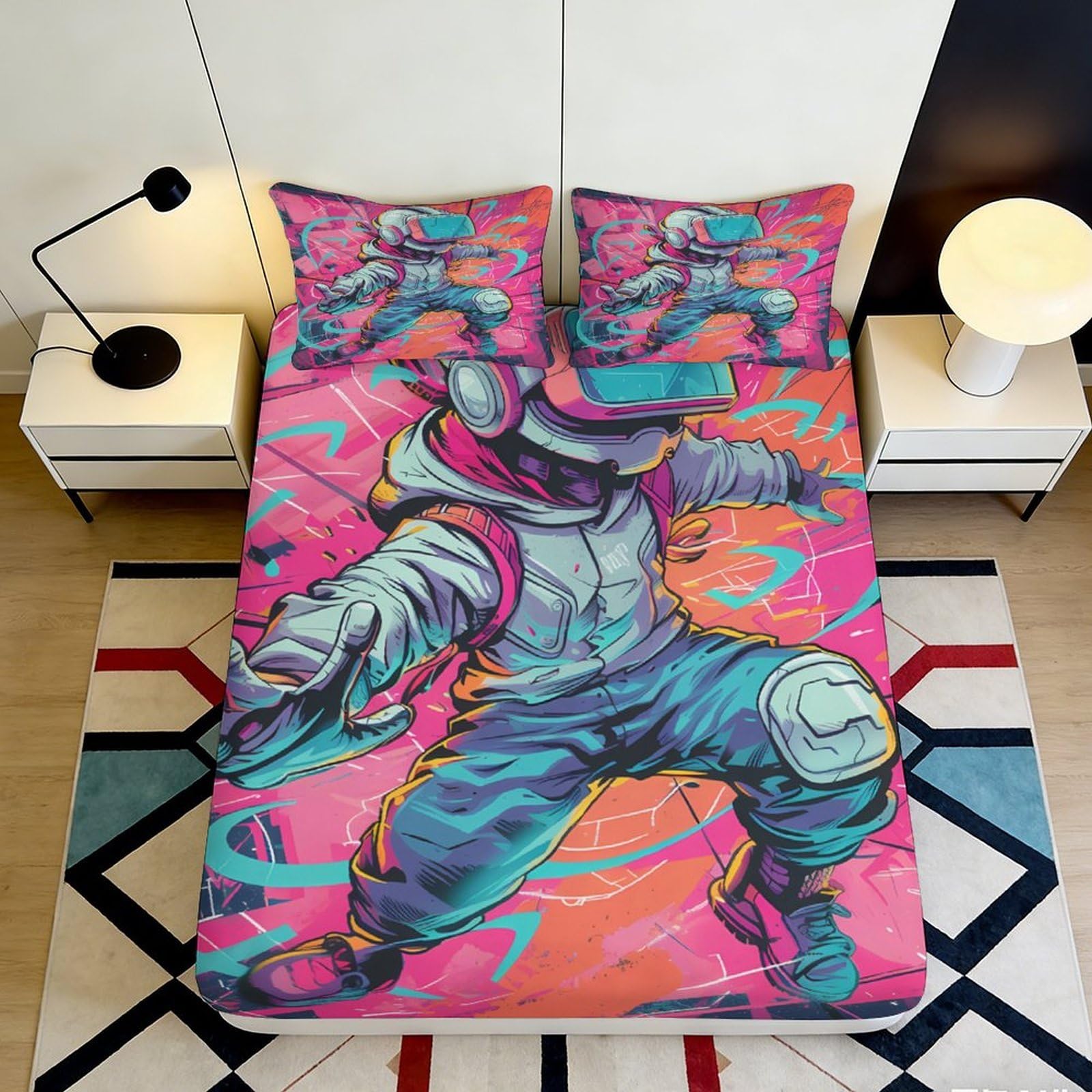 3D Printed Graffiti Astronaut Fitted Sheet Microfiber Soft Bedroom Mattress Cover Neon Art Dorm Decor 120x200cm 160x200x25cm