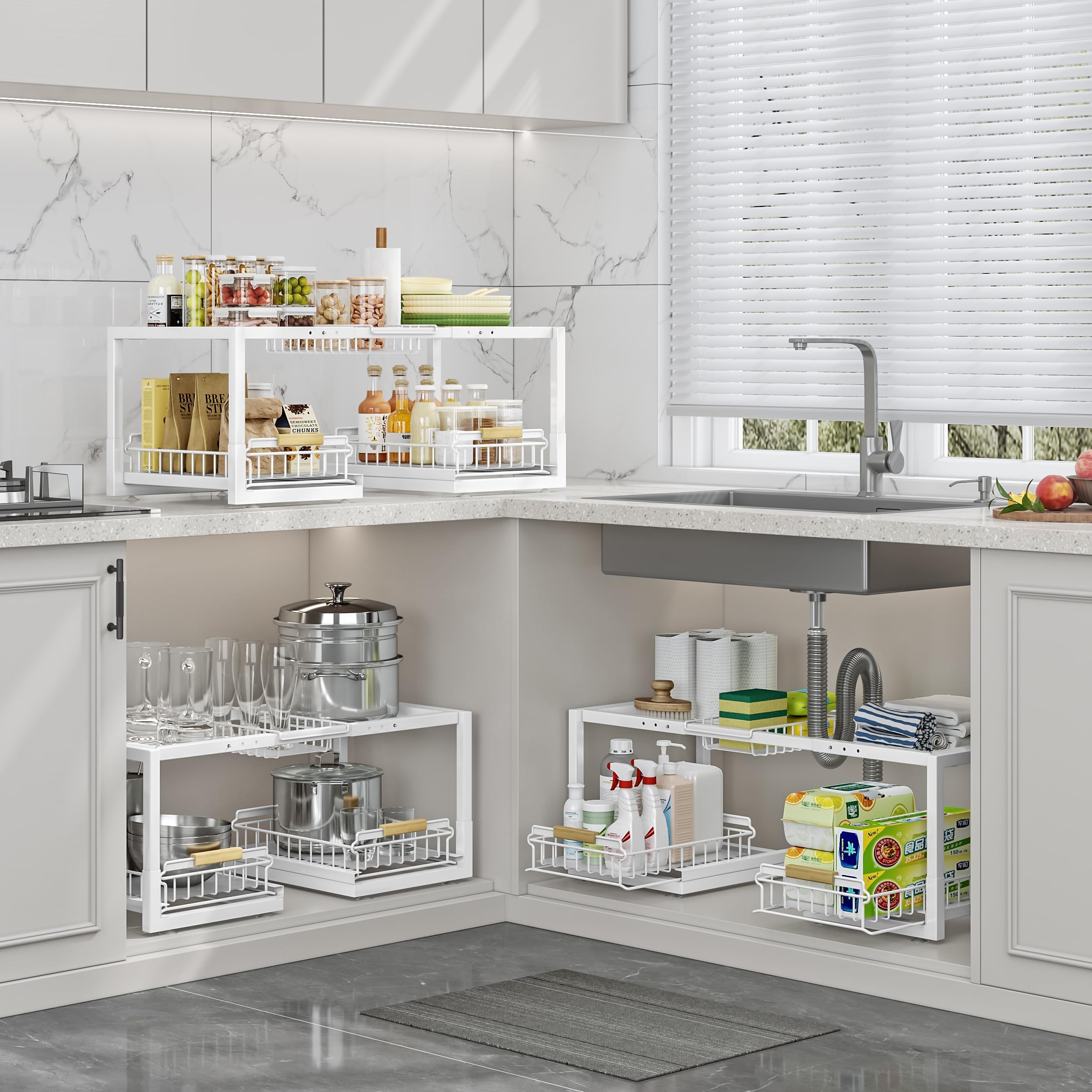 INGIORDAR Organizadores para debajo del fregadero, organizador extraíble de 2 niveles para debajo del gabinete, estante deslizante para fregadero, estantes de almacenamiento para cocina, baño (blanco