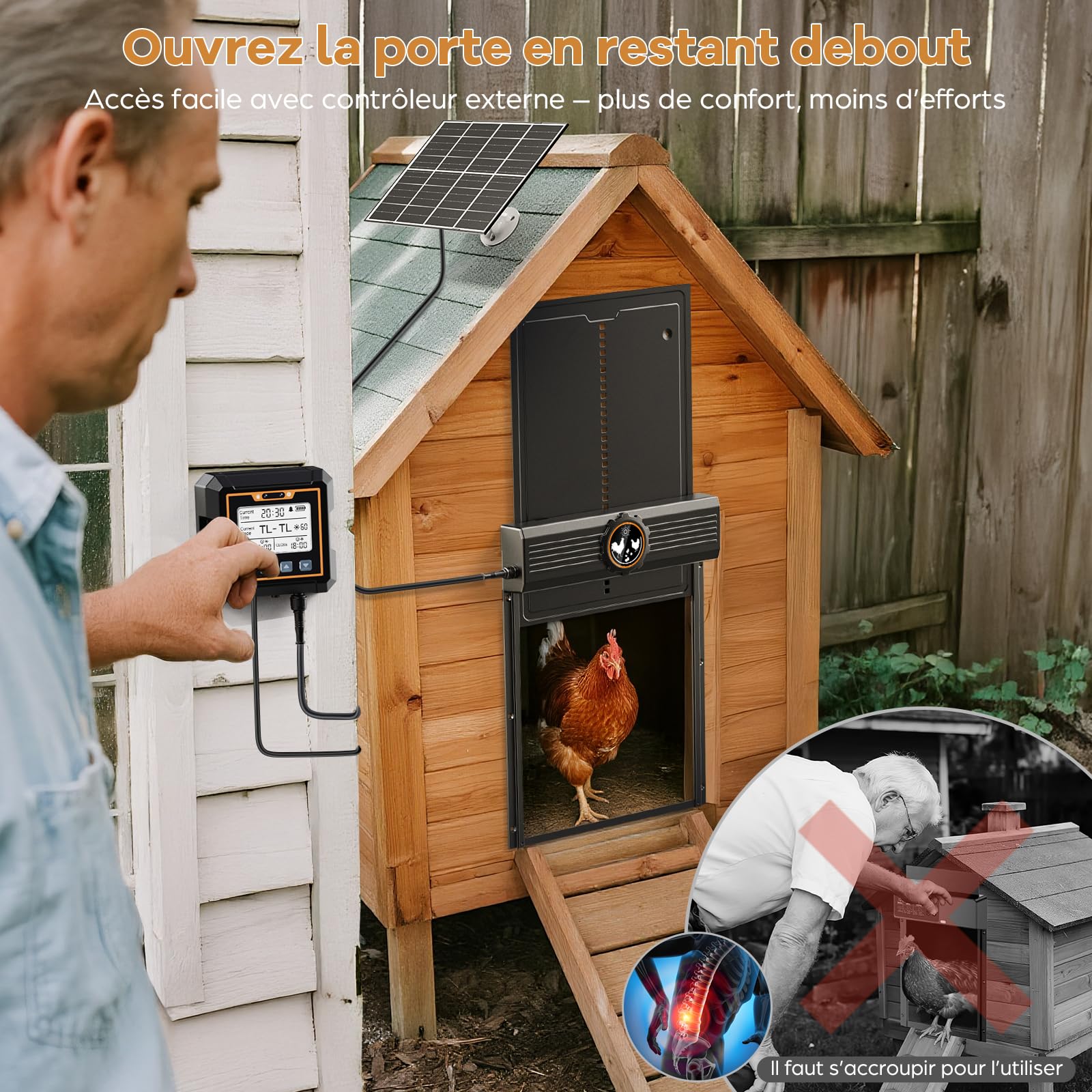 Tapa de pollo grande automática Solar, MASTERFUN Aluminio Gallina Automática con Sensor de Luz, Temporizador, Panel Solar de 7 W, Protección Inteligente, Puerta de Pollo Eléctrica