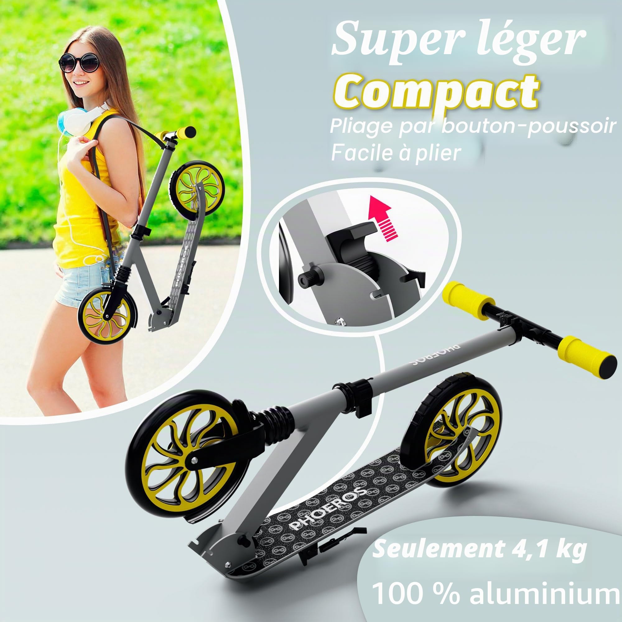 PHOEROS Trottinette pour Enfants 6-12Ans,Adolescents et Adultes Trottinette Pliable Aluminium Léger pour Ados,Garçons&Filles,avec Grandes Roues 200mm,3 Hauteurs Réglables,Absorption Chocs
