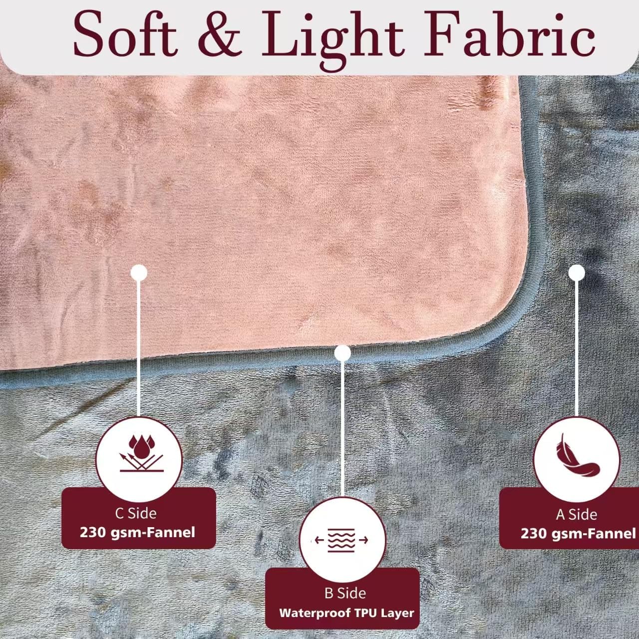 Waterproof Reversible Blanket King Size 80'' x 90'', Soft Flannel Blanket for Bed, Stain-Proof Couch Blanket or Mattress Protectors (Grey & Pink)