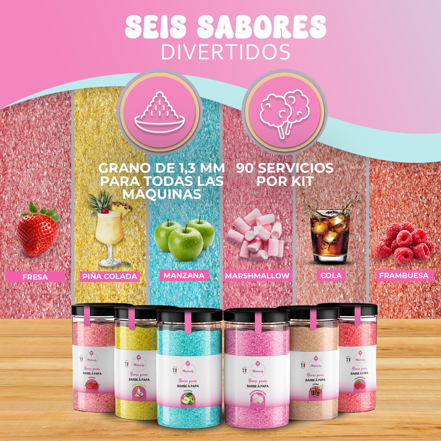 Misskandy,azucar para algodon de azucar/para máquina 1,8 kg (6 * 300g)/sabores: fresa, manzana, malvavisco, cola, frambuesa, piña colada, + 50 palos (30 cm) (ofrecido)