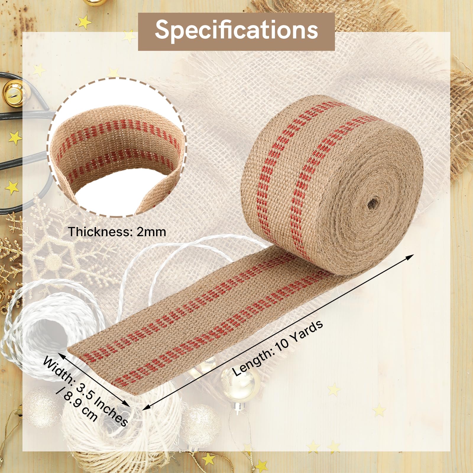 Cinta de yute para manualidades de 3.5 pulgadas, paquete de 2 rollos de arpillera natural de 10 yardas con costuras rojas para tapicería, manualidades, sillas