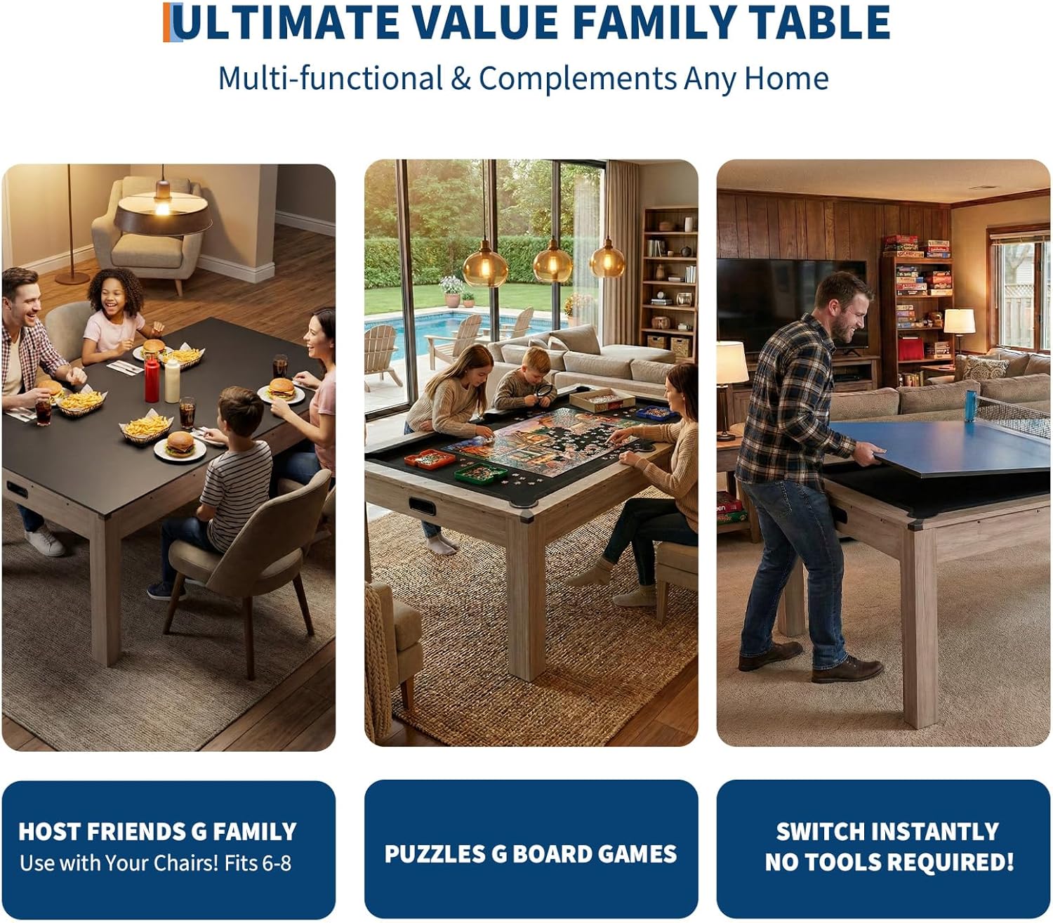 GarveeLife 3-in-1 Pool Table with Dining Top & Table Tennis,7 Foot Billiard Table Set with Full Accessories,Convertible Billiards and Table Tennis