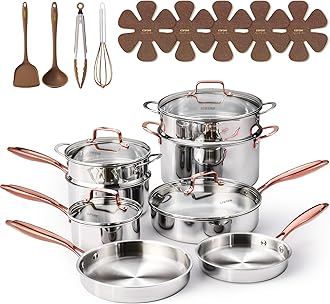 CAROTE 21pcs Tri-Ply Stainless Steel Cookware Set, Pots and Pans Set, Non Toxic Induction Kitchen Cooking Sets, Cookware Collection, Mirror Polish, Gold