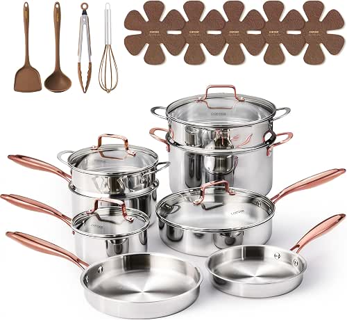 CAROTE 21pcs Tri-Ply Stainless Steel Cookware Set, Pots and Pans