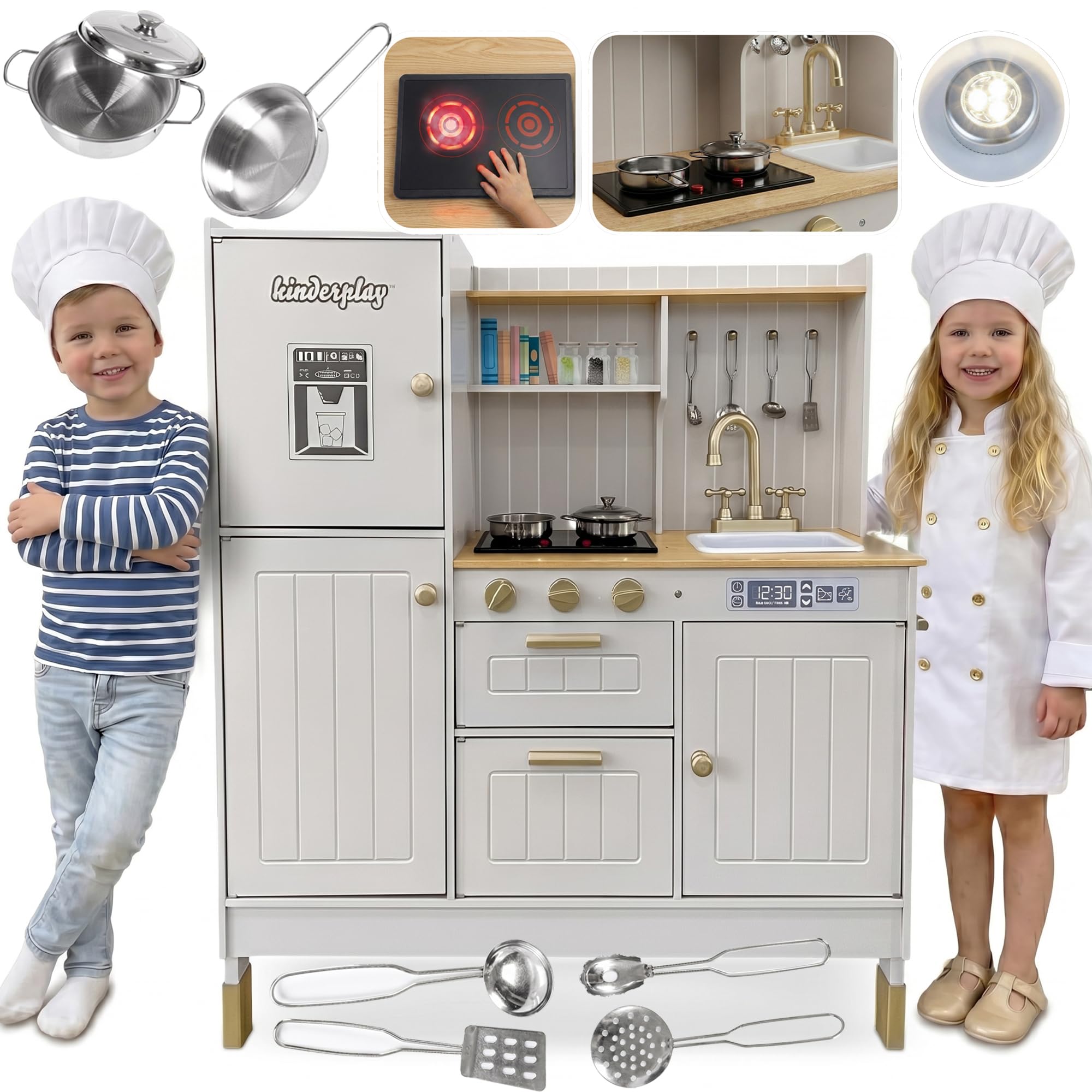 Kinderplay Grande Cucina per bambini in legno con luce e suono, con accessori, lavello, fornello e forno, per giochi di ruolo realistici