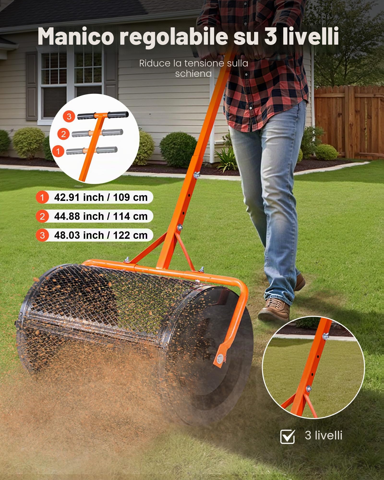 VEVOR Spandiconcime a Rullo, Spandiconcime per Torba 67 x 41 cm con Manico a T, Rullo per Torba da Giardino in Acciaio Verniciato Regolabile in 3 Altezze, per Semi di Erba per Piantare e Seminare