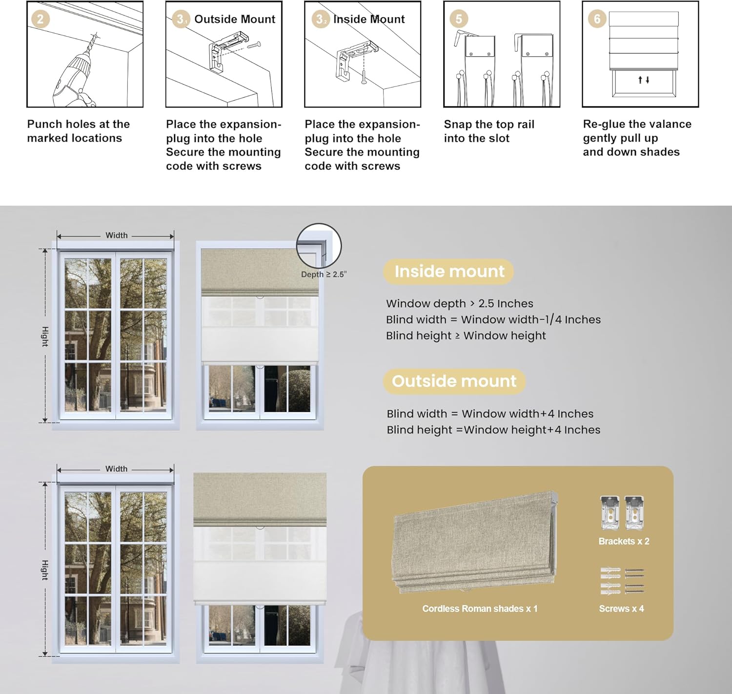 Boolegon Dual Roman Shades, Day Night 2 in 1 Cordless Roman Blinds, Double Window Shades for Home, Thermal Insulation, Linen Beige White & Beige - Blackout & See Through, Custom Size