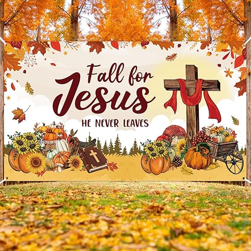 Miniatura 6 de WATINC Decoración de pancarta extragrande de otoño para Jesús, con texto en inglés "Fall for Jesus" ("Fall for Jesus", "El nunca deja"), fondo de