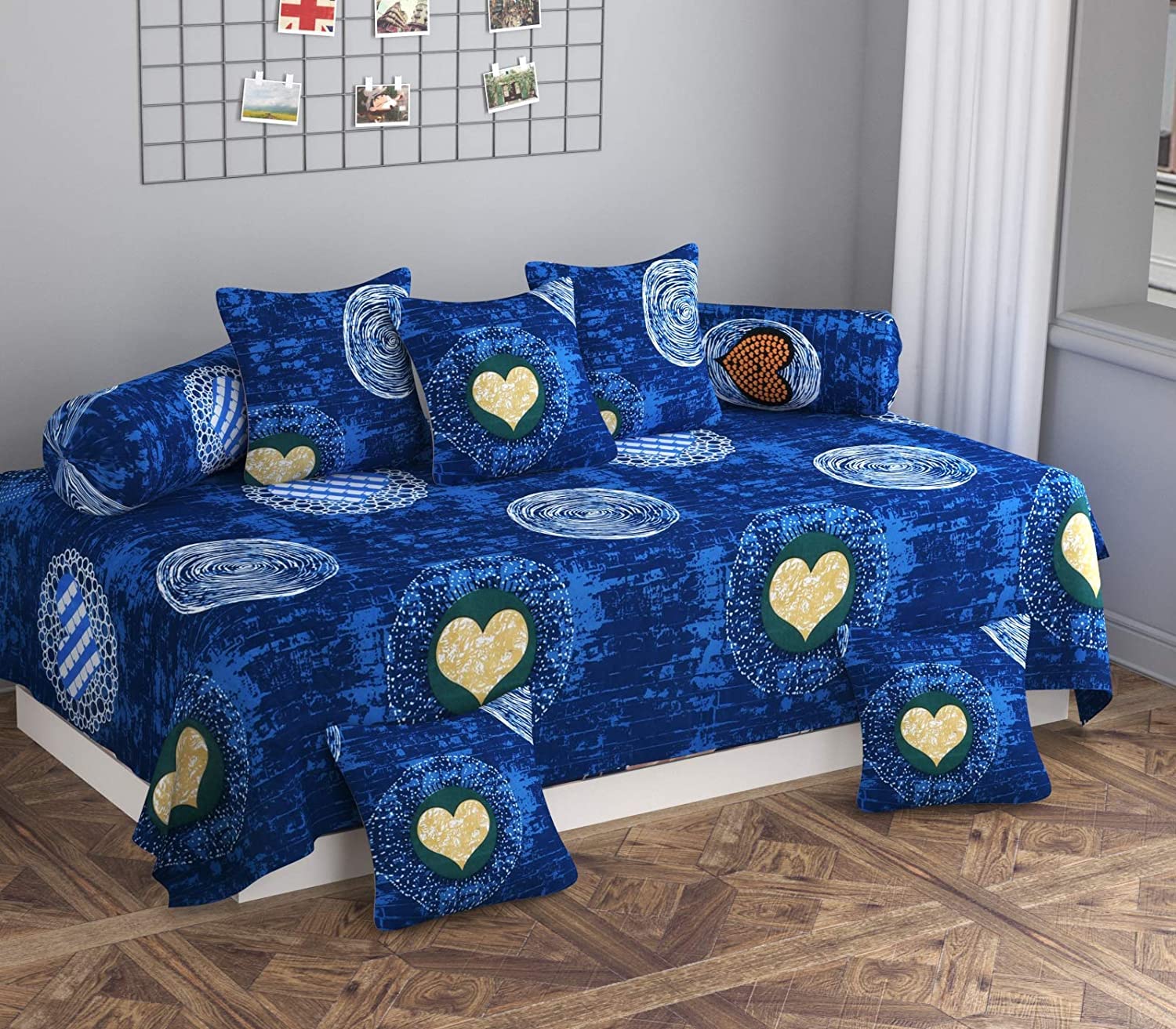 Microfiber Cartoon Kids 250TC Diwan Set of 8pcs - Single Bedsheet with 2 Bolster Covers and 5 Cushion Covers - Blue Heart - 60x90 inches-image-8