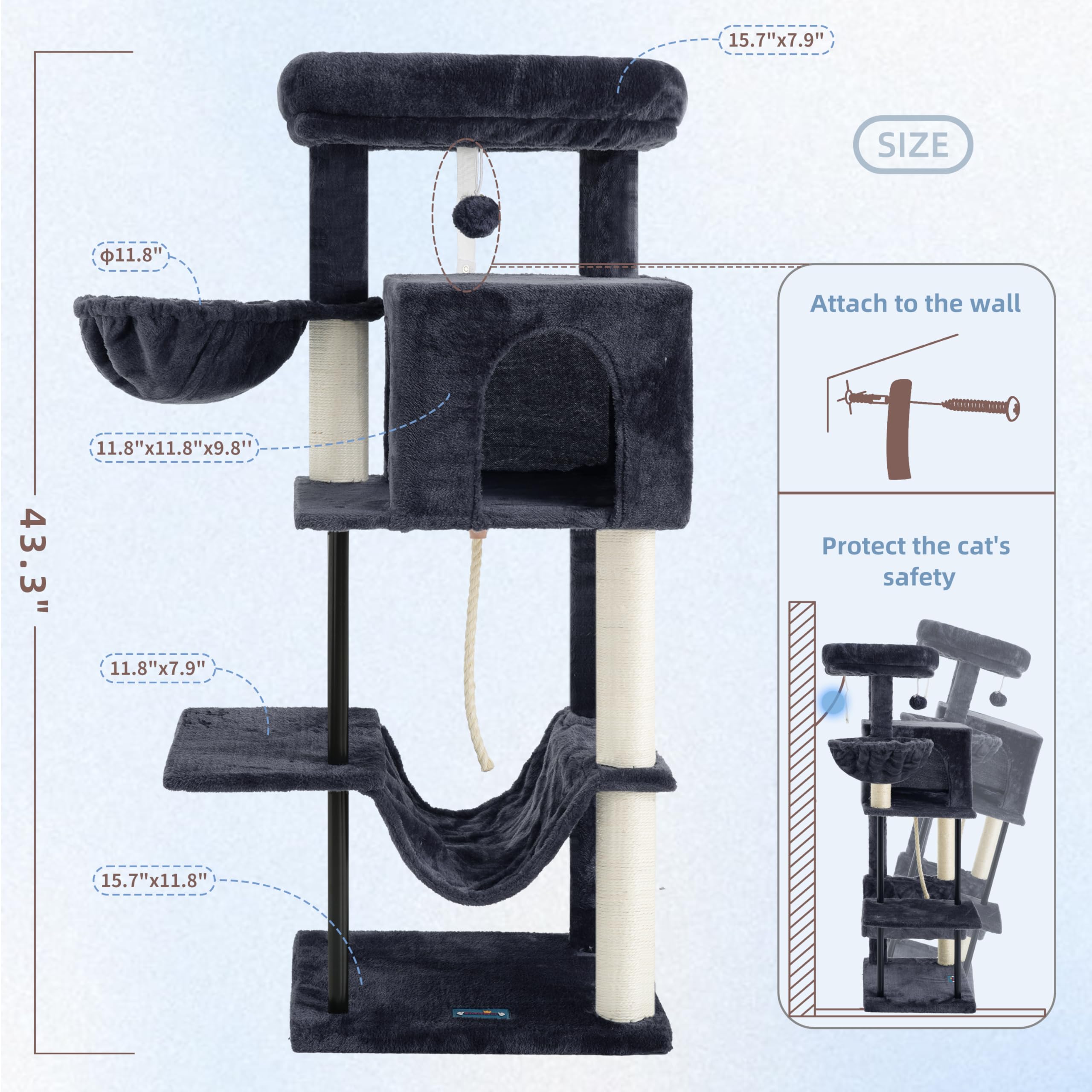 Gitelsnour Rascador para Gatos, Árbol para Gatos de Interior de 110 cm con Tubo de Acero Resistente, Hamaca, Rascadores, Gris Ahumado GCT004SG-2
