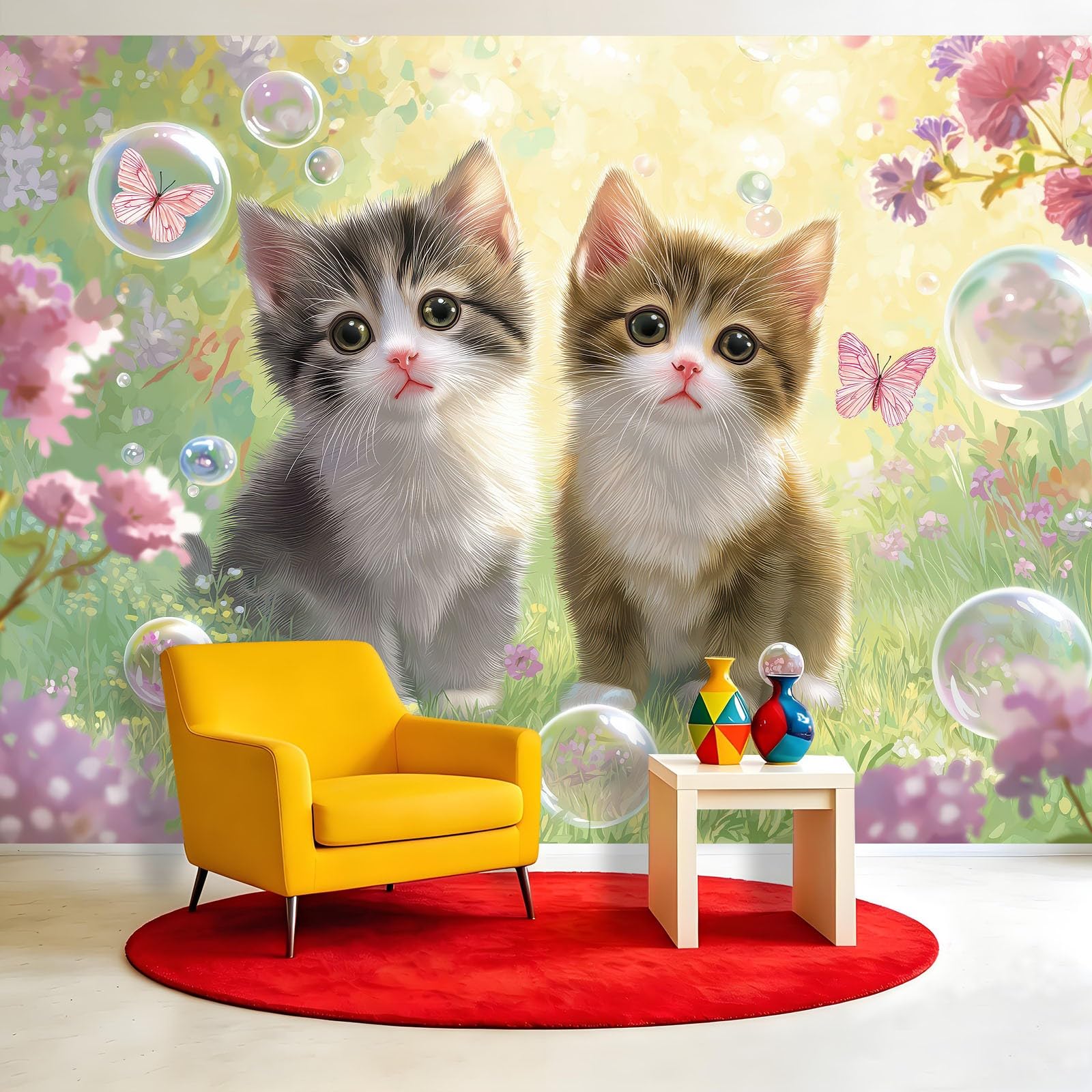 Générique Panoramiczna tapeta, uroczy kot bąbelki 200 x 140 cm plakat 3D gigantyczny mural - zwierzęta z kreskówek tapeta do salonu, pokoju dziecięcego dla dorosłych i gabinetu dekoracja restauracji