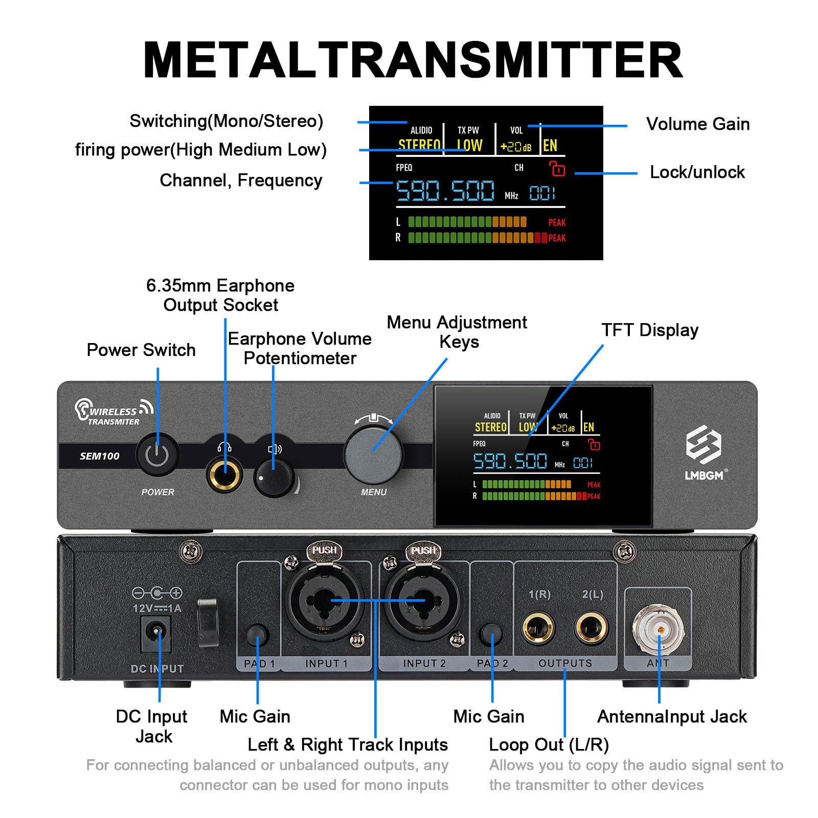 SEM100 Stereo Wireless Monitor System – Dispositivo iOS professionale per performance live e studio audio (1 canale, trasmettitore tascabile 1/2, alta qualità del suono ad alta fedeltà) (SEM100