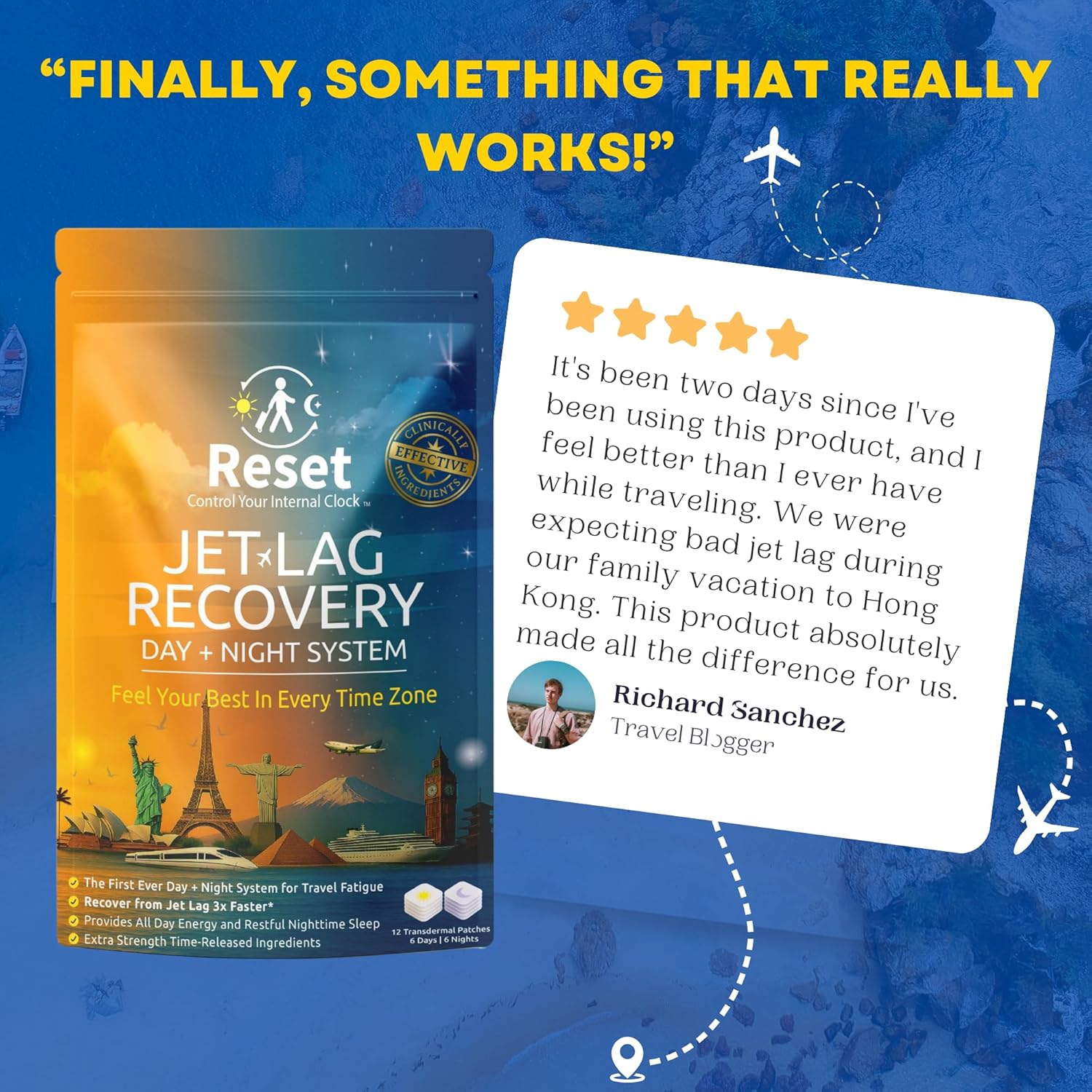 Reset Jet Lag Recovery System | Day and Night Transdermal Patches with Extra Strength Melatonin, Magnesium and B Vitamins | Travel Fatigue Relief, Sleep Support | Energy Boost (2 Traveler Bundle)