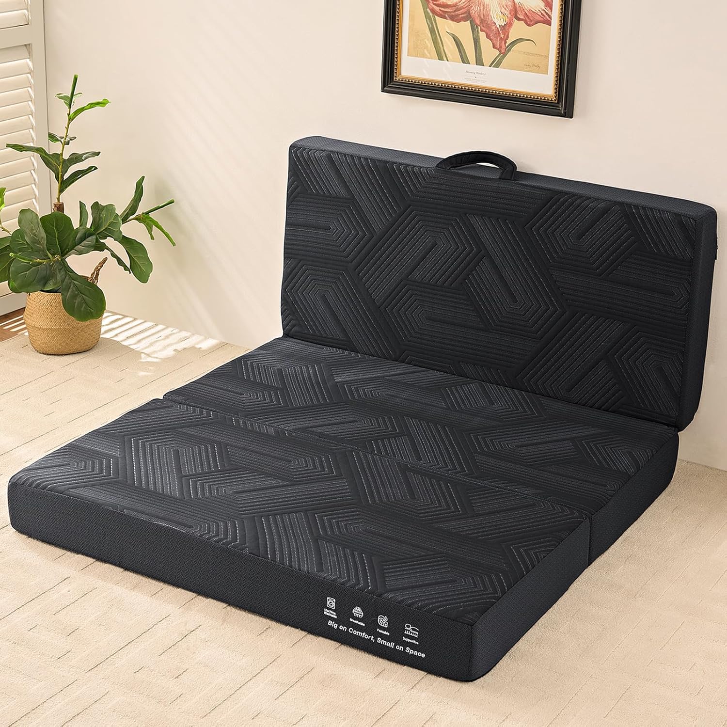 Mattress Topper, 4 Inch Memory Foam Tri-Fold Mattress Twin, Foldable Bed with Washable Cover, Handles and Non-Slip Bottom for Yoga, Guest, Camping, 75"x 38" x 4", Black