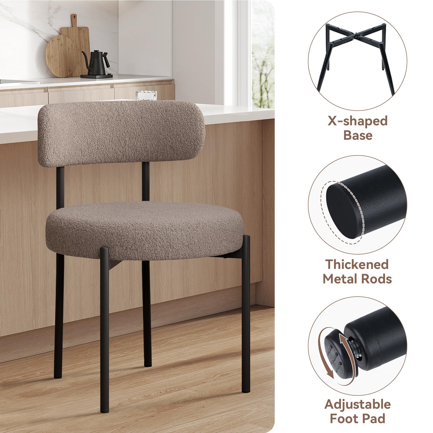 Hawthyhome Esszimmerstühle 2er Set丨Teddy Stoff Runde Boucle Esszimmerstuhl·Mid-Century Gepolsterte Küchenstühle·Stühle Esszimmer mit Metallbeinen·Grau-Braun