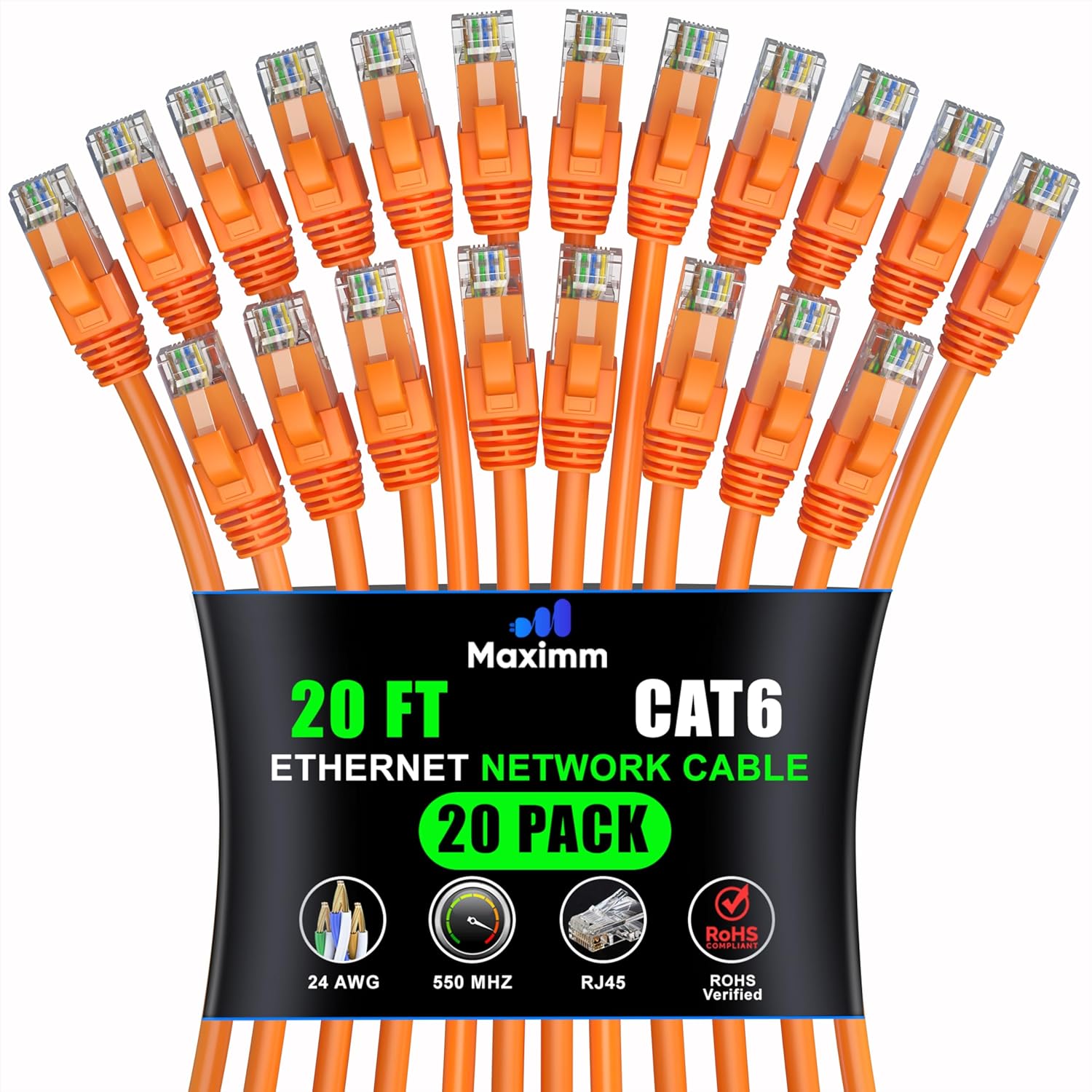Maximm Cat 6 Ethernet Cable 20 ft (20-Pack) - High-Speed LAN Cable, Internet Cable, Patch Cable, and Network Cable - UTP, 10Gbps, 550MHz Ethernet Cord - Orange