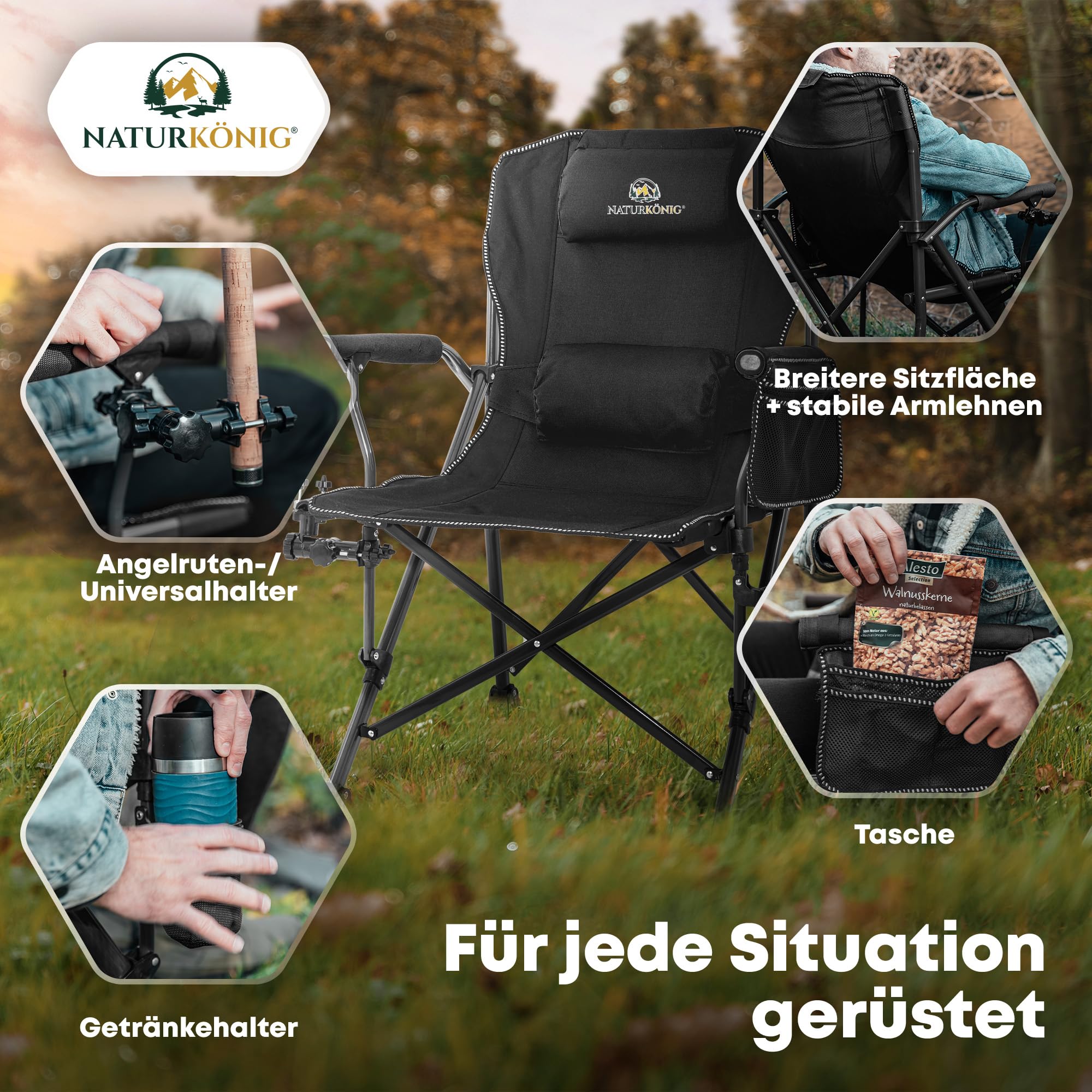 Campingstuhl Faltbar bis 160 kg Große Sitzfläche Klappstuhl | Ergonomischer Angelstuhl mit Kissen Tasche Getränkehalter, klappbarer Strandstuhl & Faltstuhl für Camping, Angeln & Outdoor