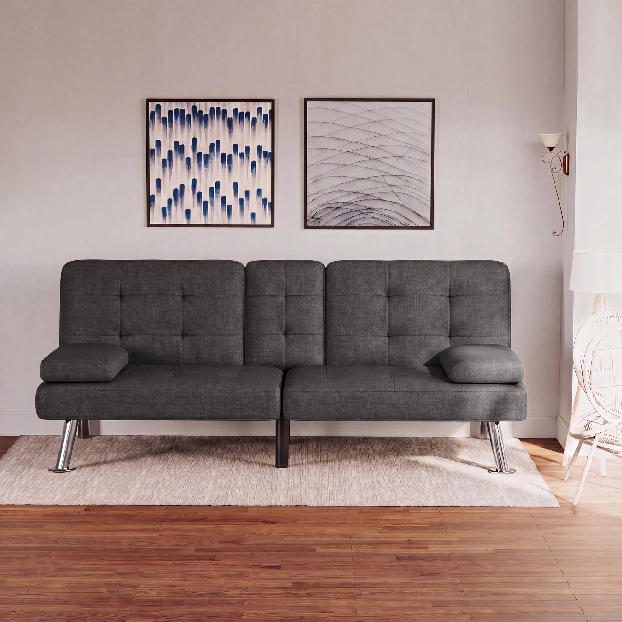 Flamaker Futon Sofa Bed, Modern Linen Convertible Folding Futon Set | Adjustable Sleeper Sofa with Removable Armrests & 2 Cup Holders, Recliner Lounge for Living Room, Apartment | Carbon Black