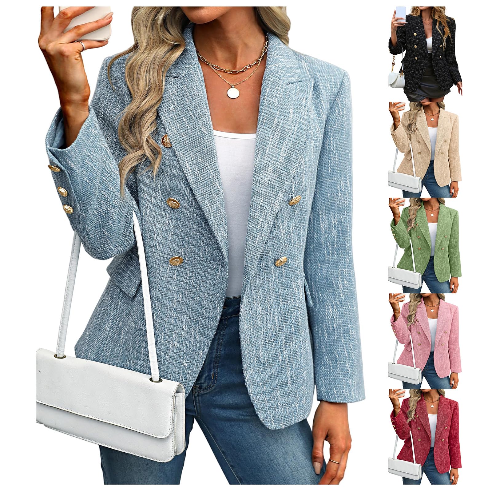 Womens Tweed Blazers Business Casual Blazer Jacket Lapel Double Breasted Elegant Coat Open Front Work Suits
