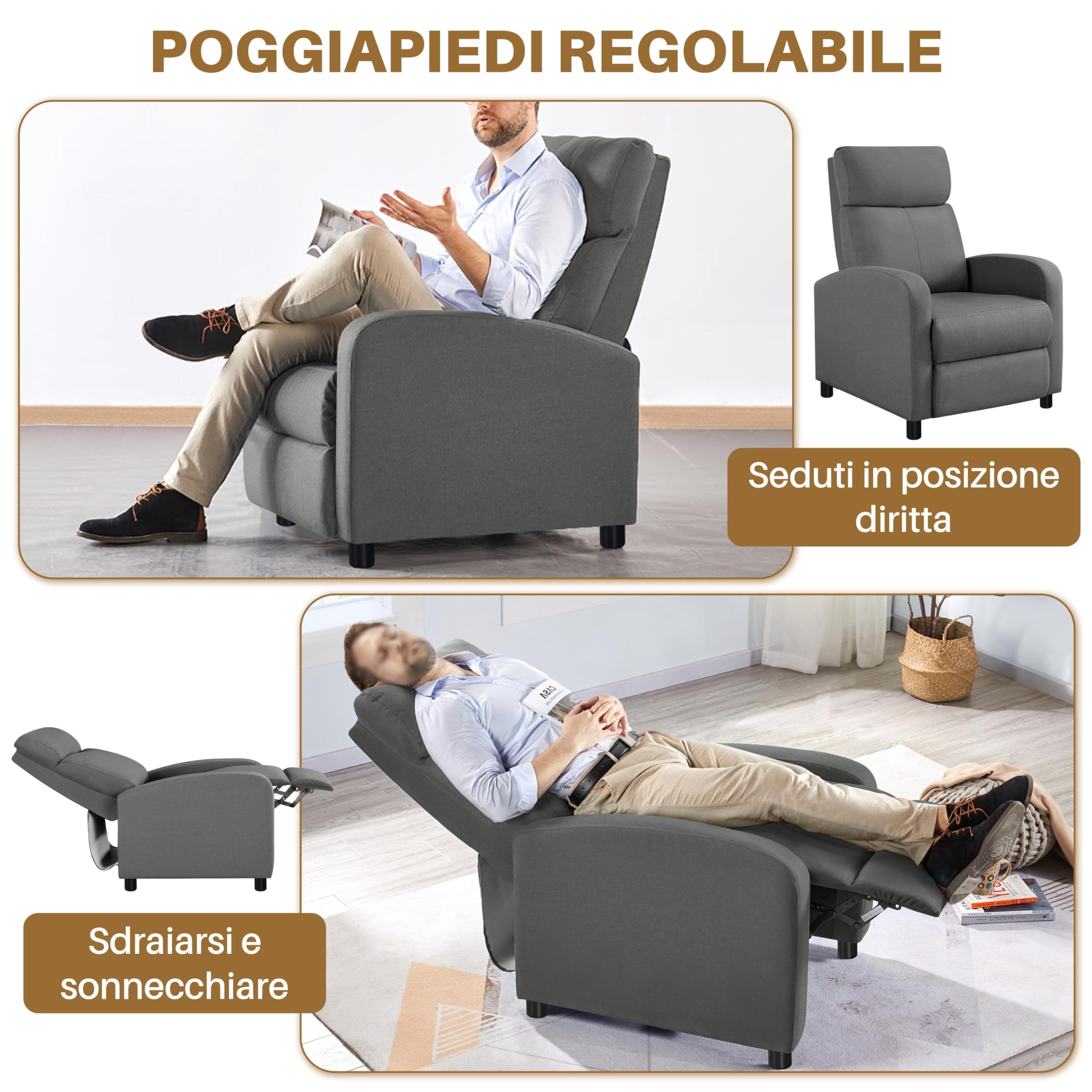 Yaheetech Poltrona Relax Reclinabile Regolabile Divano Monoposto con Poggiapiedi da Soggiorno Camera da Letto 61,5 cm × 87 cm × 99 cm Grigio/Lino