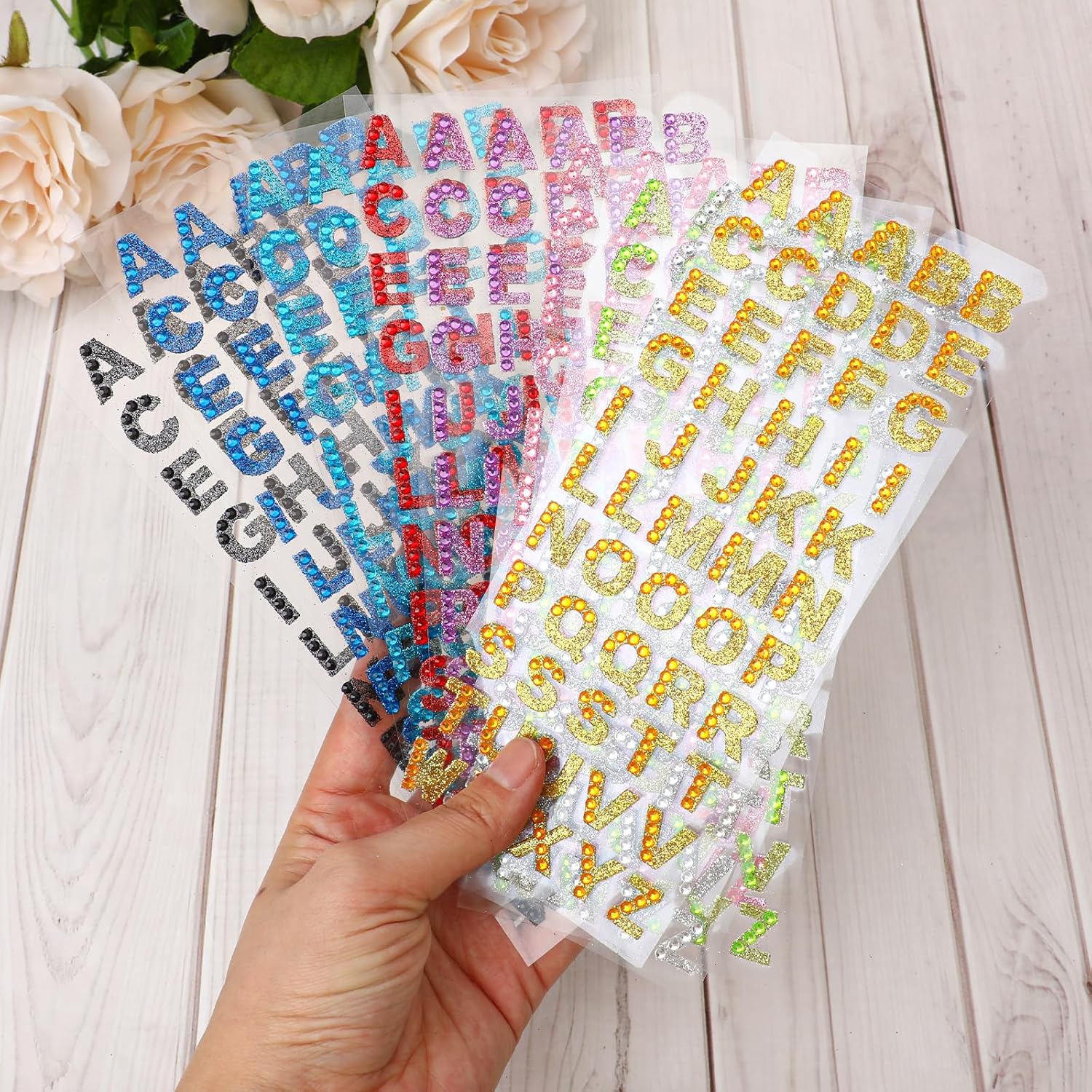 495 Pieces Glitter Alphabet Stickers, 9 Sheets 0.6" A-Z Rhinestone Letter Stickers Self-Adhesive Crystal Stick on Letters Shiny ABC Word Sticker by Letter for Scrapbooking, Card Making, DIY Art Craft