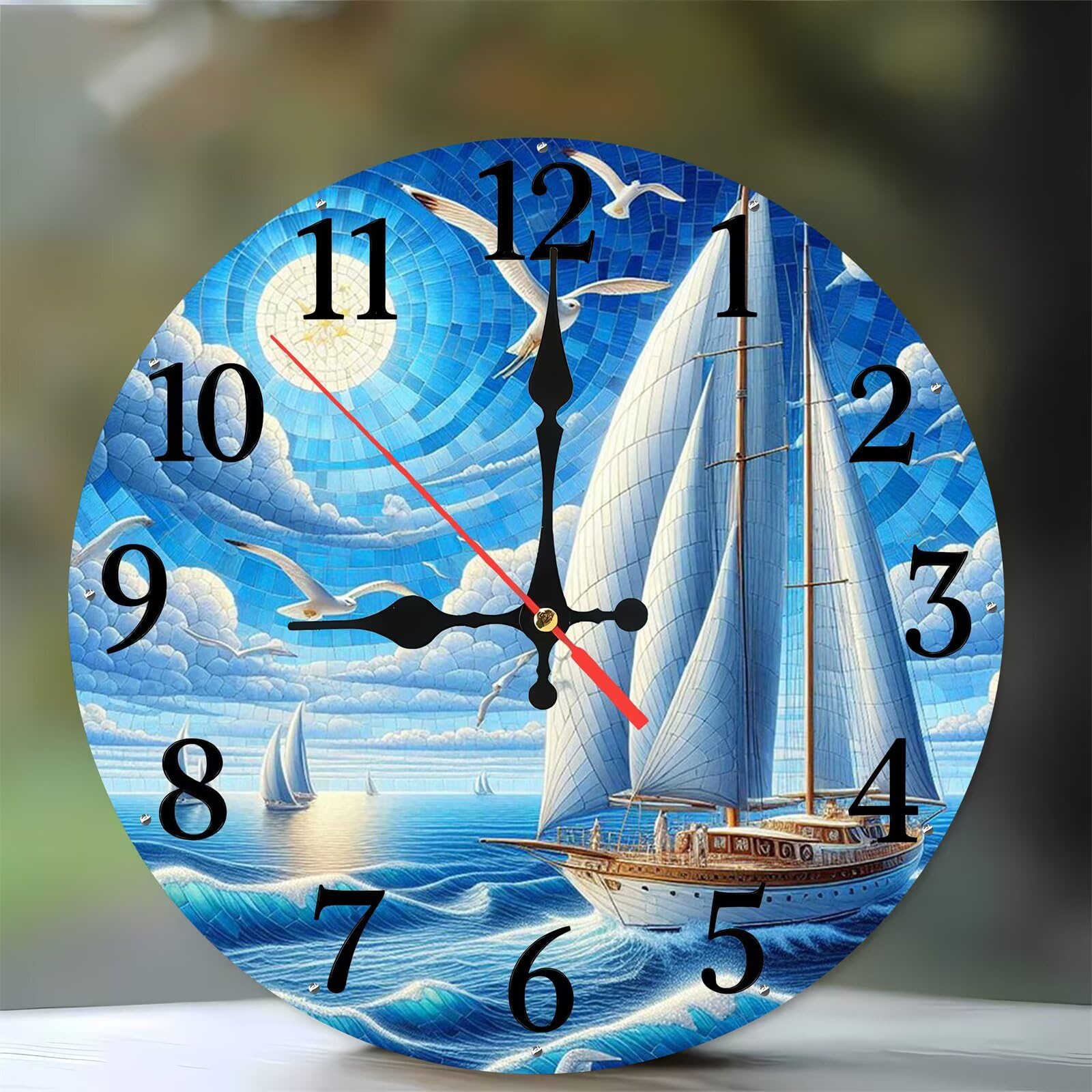 Horloge murale en bois anti tic-tac ronde 35 cm décor mer et salon