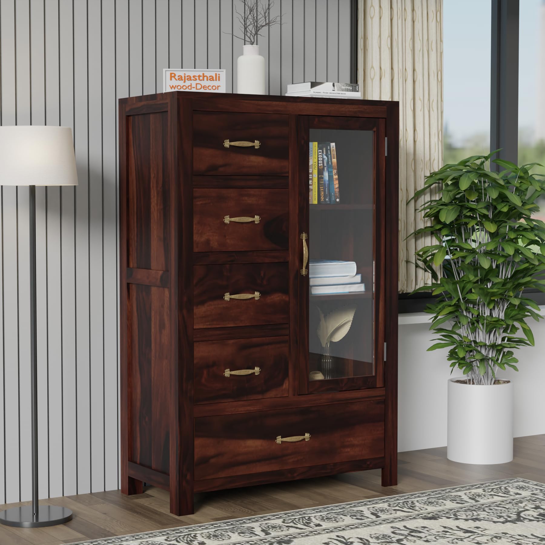 wood crony Sheesham Wooden Chest of Drawer with 5 Drawer & 3 Shelves Storage for Living Room Storage - Solid Wood Chest of Drawers Wooden Drawer Cabinet for Bedroom Home (Design 4)-image-40