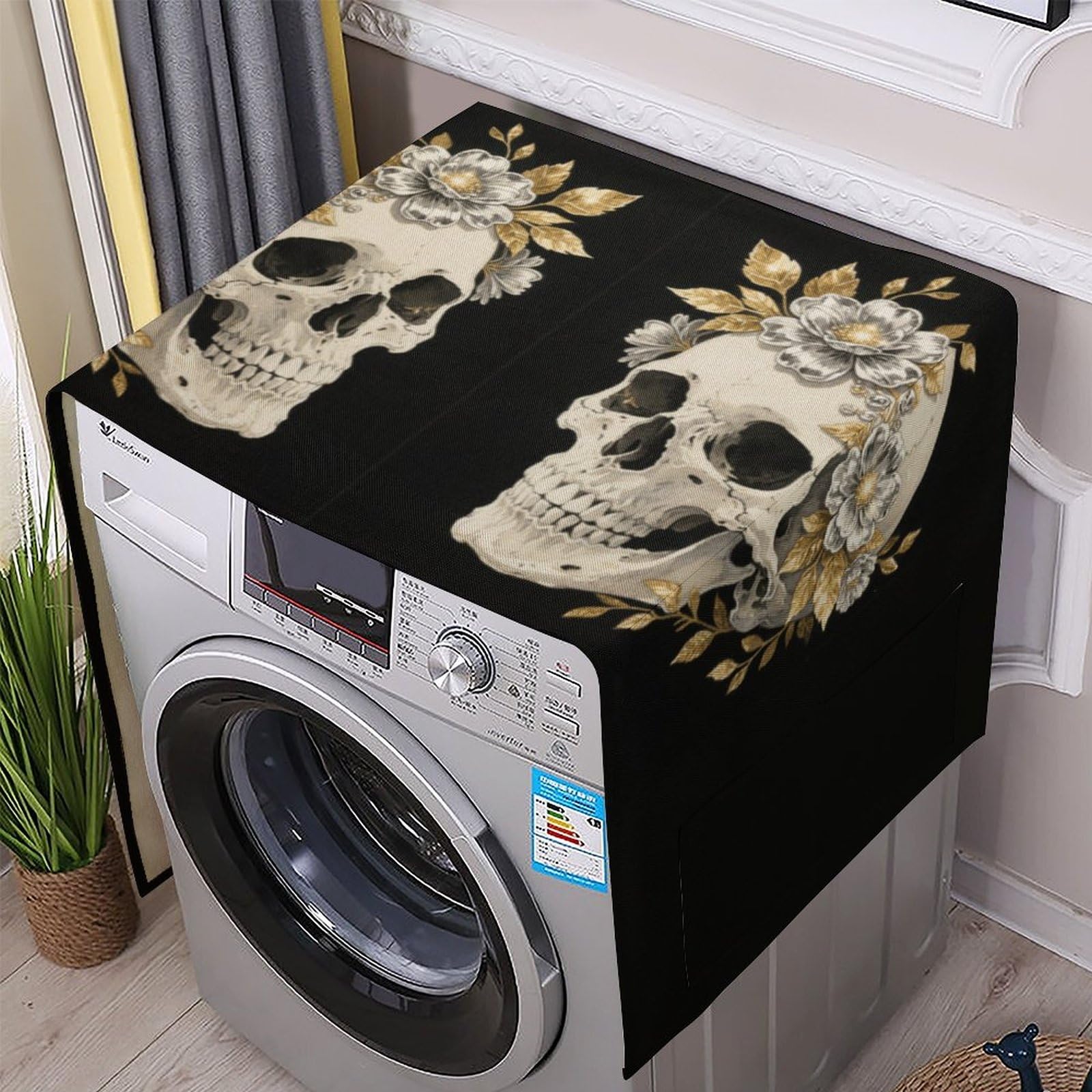 Fodpand White Washing Machine Cover For Top Load Dustproof Flower Skull Washer And Dryer Cover With Storage Pockets Household Appliance Covers Washable Top Protector Mat Pad For Laundry & Kitchen