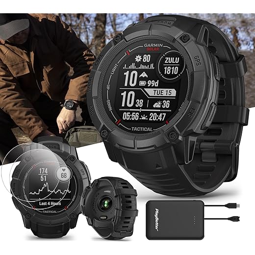 Garmin Instinct 2X Solar Tactical Outdoor GPS Smartwatch - Flashlight, Solar Charging, Fitness & Sleep Tracking - Bundle with PlayBetter Screen Protectors & Portable Charger, Black
