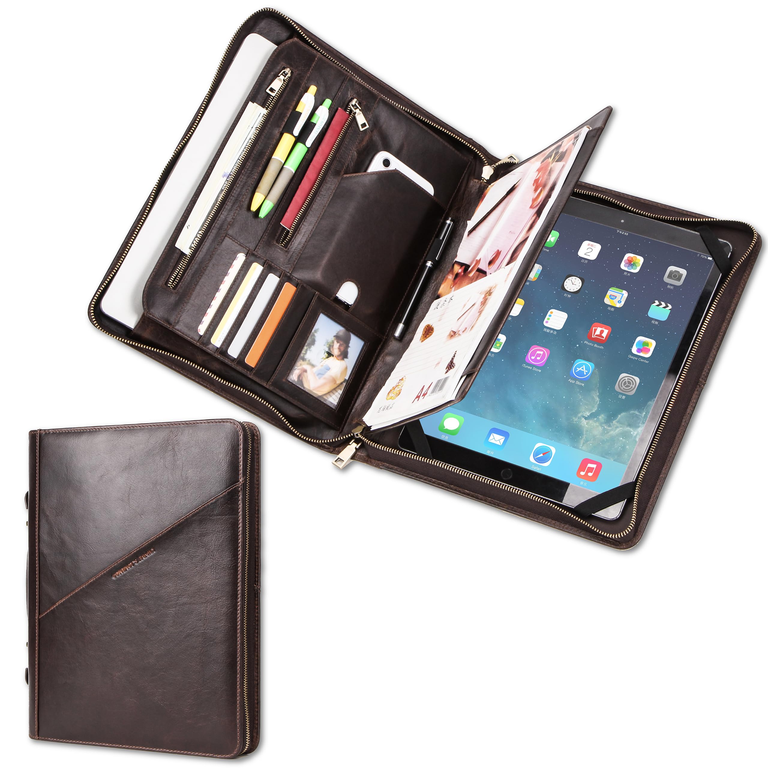 CataPurus Top Grain Leather 12.9" Large Portfolio, Solid Vintage Design, Handmade, Large Capacity Multi-Functional Business Zip Padfolio, Suitable for