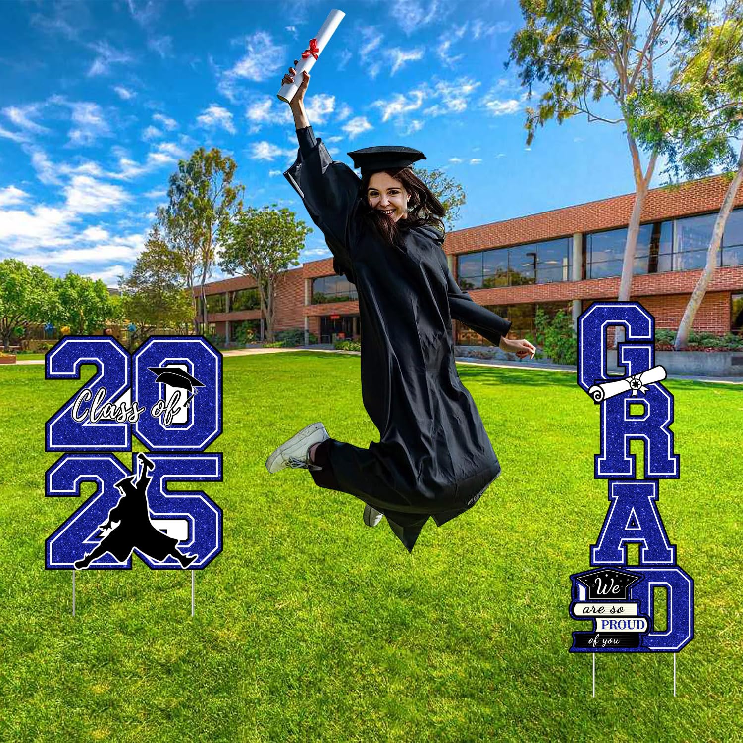 Graduation Yard Sign Class of 2025 Decorations - 4pcs Large Size Blue Glittering Congrats Grad Class of 2025 Outdoor Lawn Decor with Stakes - High School College Graduation Party Decorations Supplies