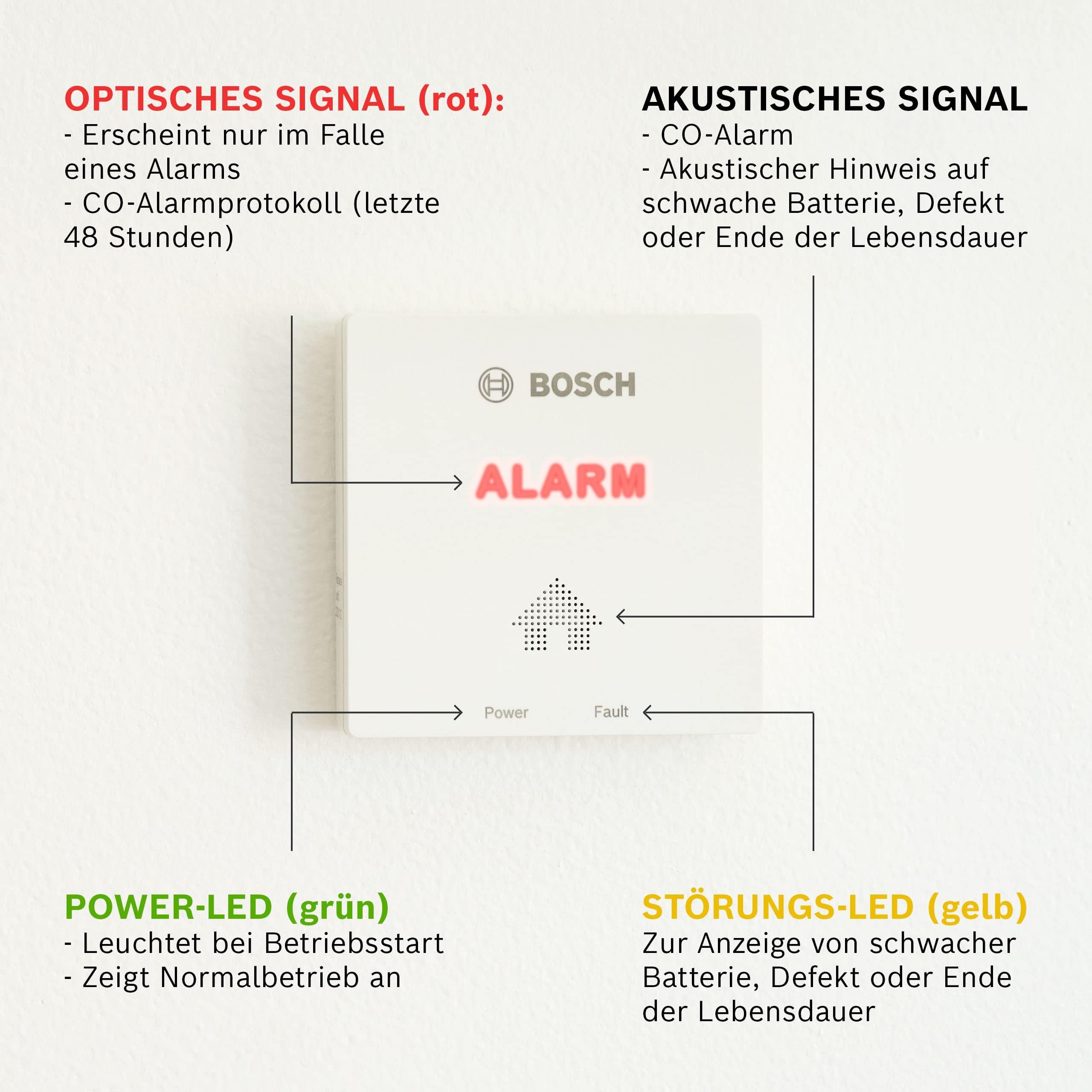 Bosch CO-Melder D-CO - Einfach zu installierendes Kohlenmonoxid-Warngerät - Mit Memory-Modus und Ende-der-Lebensdauer-Anzeige