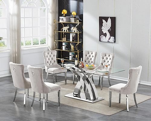 Miniatura 41 de Juego de mesa de comedor de mármol sintético blanco plateado de 70 pulgadas para 4, juego de mesa rectangular moderna de 5 piezas con patas de acero