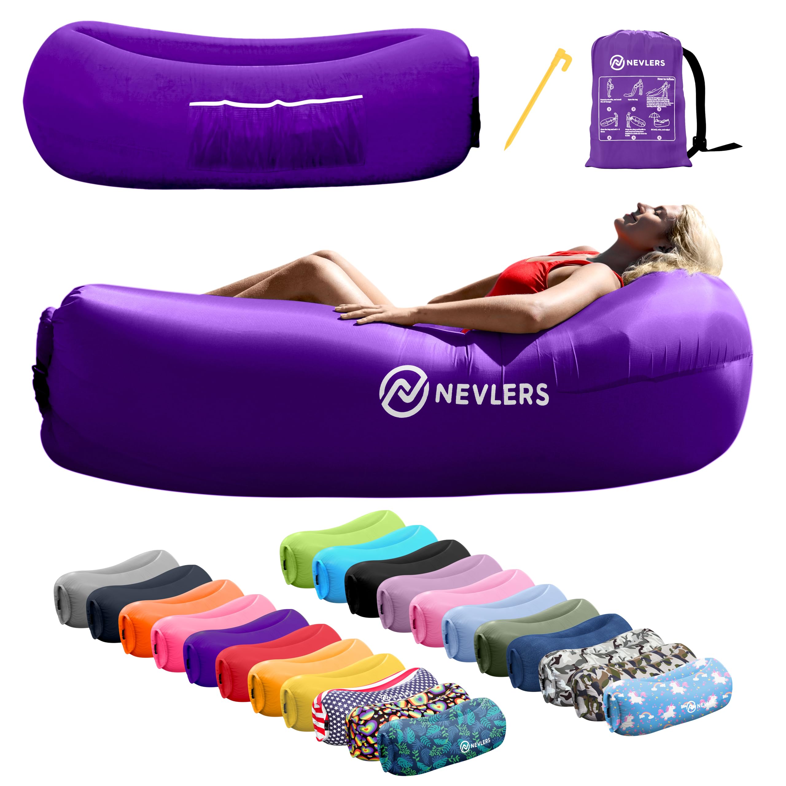 NevlersInflatable Lounger | 210T Polyester Inflatable Chair | No-Pump Blow Up Couch | Camping Couch Air Sofa Bed w/ 450 lbs. Cap., Pockets & Matching Bag | Use as Inflatable Couch for Adults & Kids