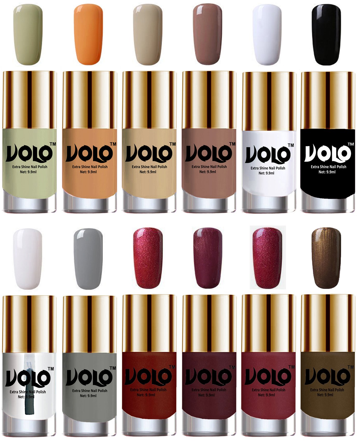 Volo Luxury Super Shine Nail Polish Set of 12 Vibrant Shades (Mischievous Mint, Flirty Nude, Nude, Dark Nude, Matte White, Black, Extra Shine Top Coat, Grey, Lava Lust, Shimmer Coffee)-image-17