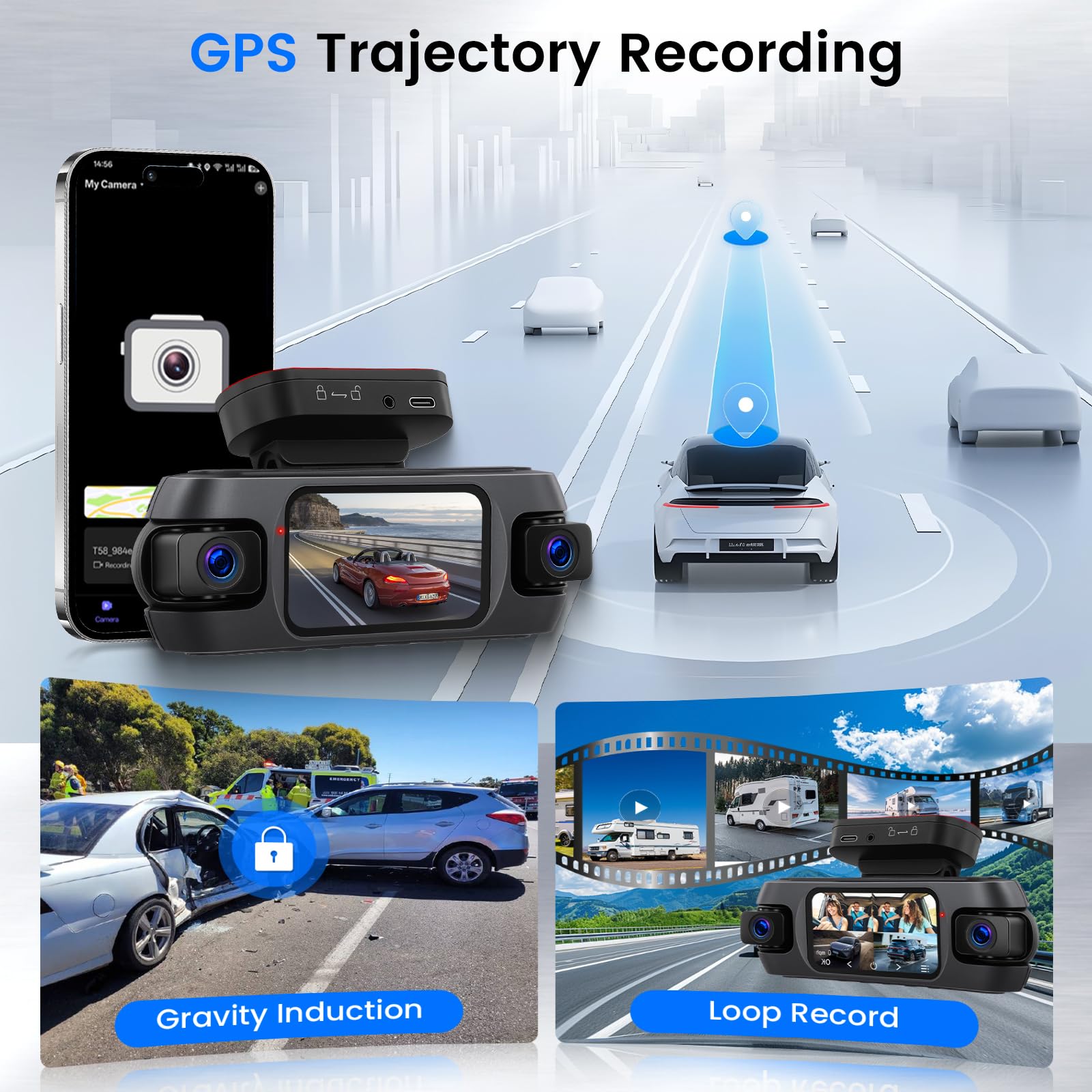 Hodozzy 360° Auto Dashcam 4K mit 5GHz WiFi, 4 Kameras Vorne Hinten, 8 IR-Nachtsicht, 3 Zoll IPS Touchscreen, Loop Aufnahme, G-Sensor, GPS-Ortung,Dash cam mit App-Steuerung