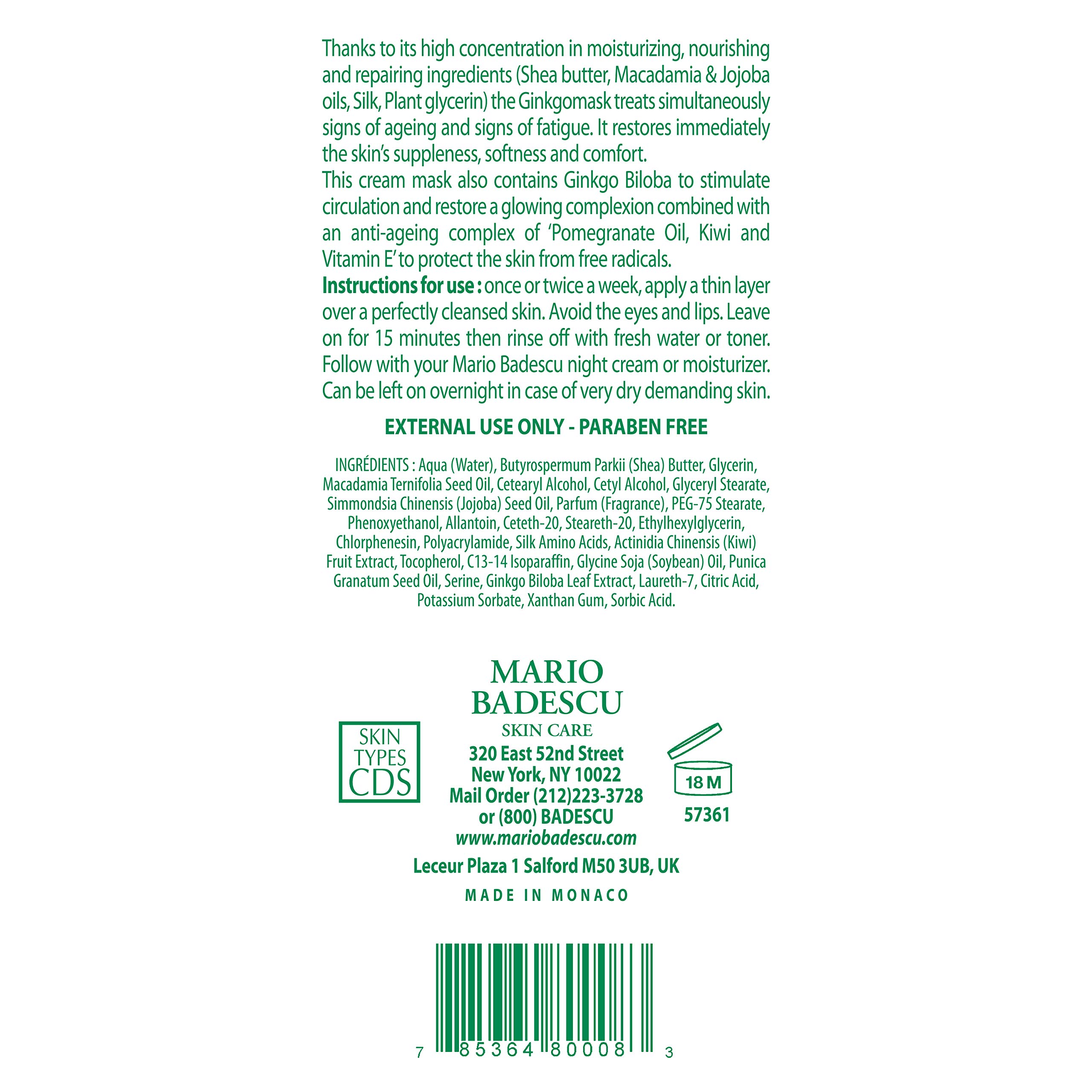 Mario Badescu Ginkgo Mask, Hydrating Skin Care Face Mask for Men and Women with Shea Butter and Vitamin E, Nourishing Facial Mask for Softer, Smoother, Radiant Complexion, 2.5 Oz
