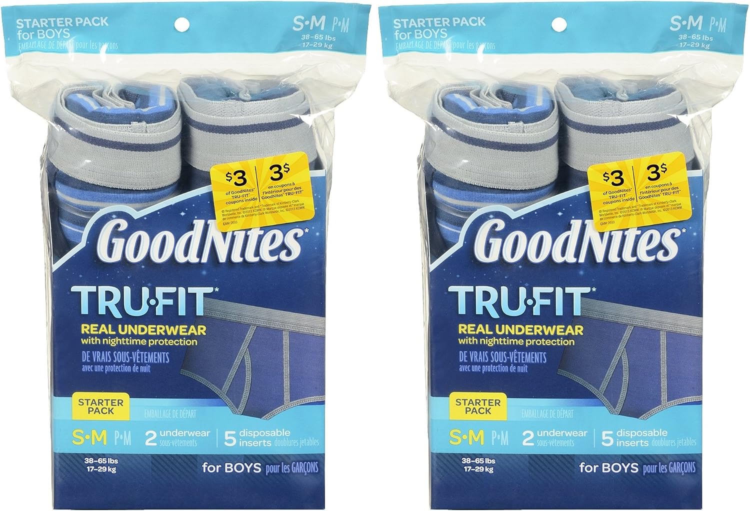 GoodNites Tru-Fit Real Underwear with Nighttime Protection Starter Pack for Boys, Size Small and Medium, 2-Underwear, 5-Disposable Inserts